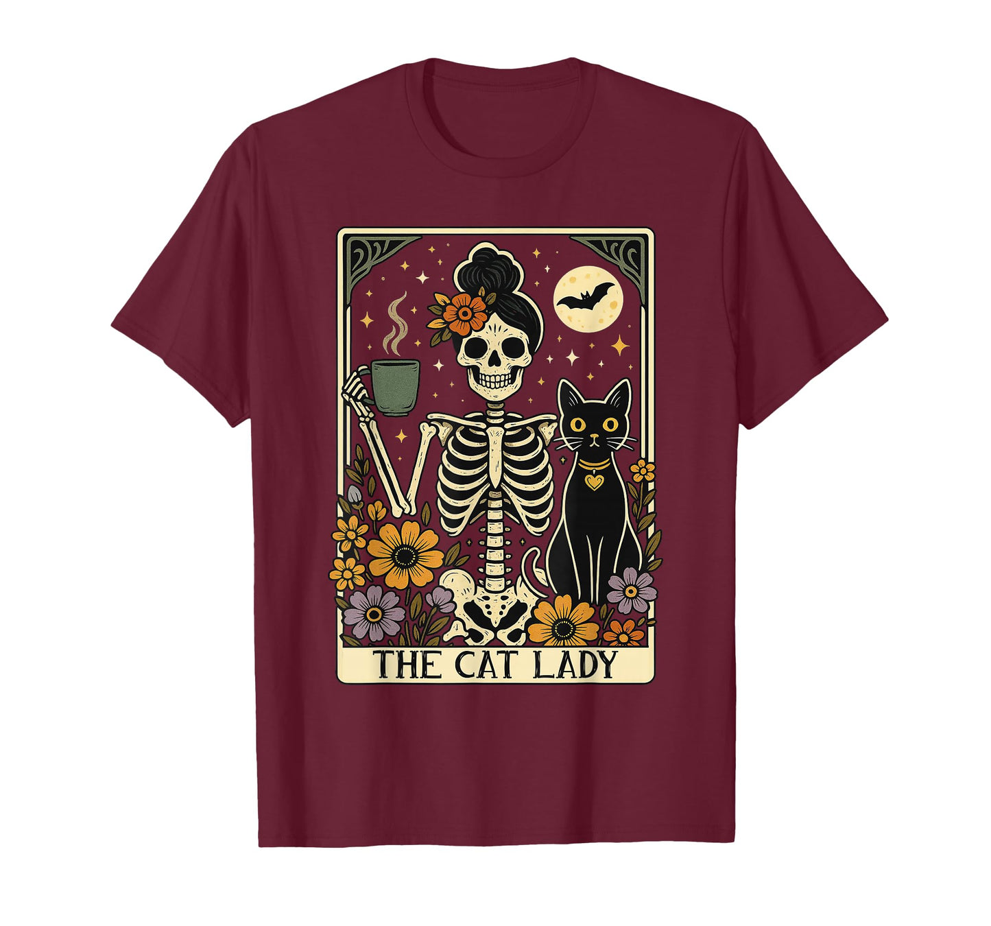Mystic Skeleton The Cat Lady with Coffee Tarot Card Vibes T-Shirt