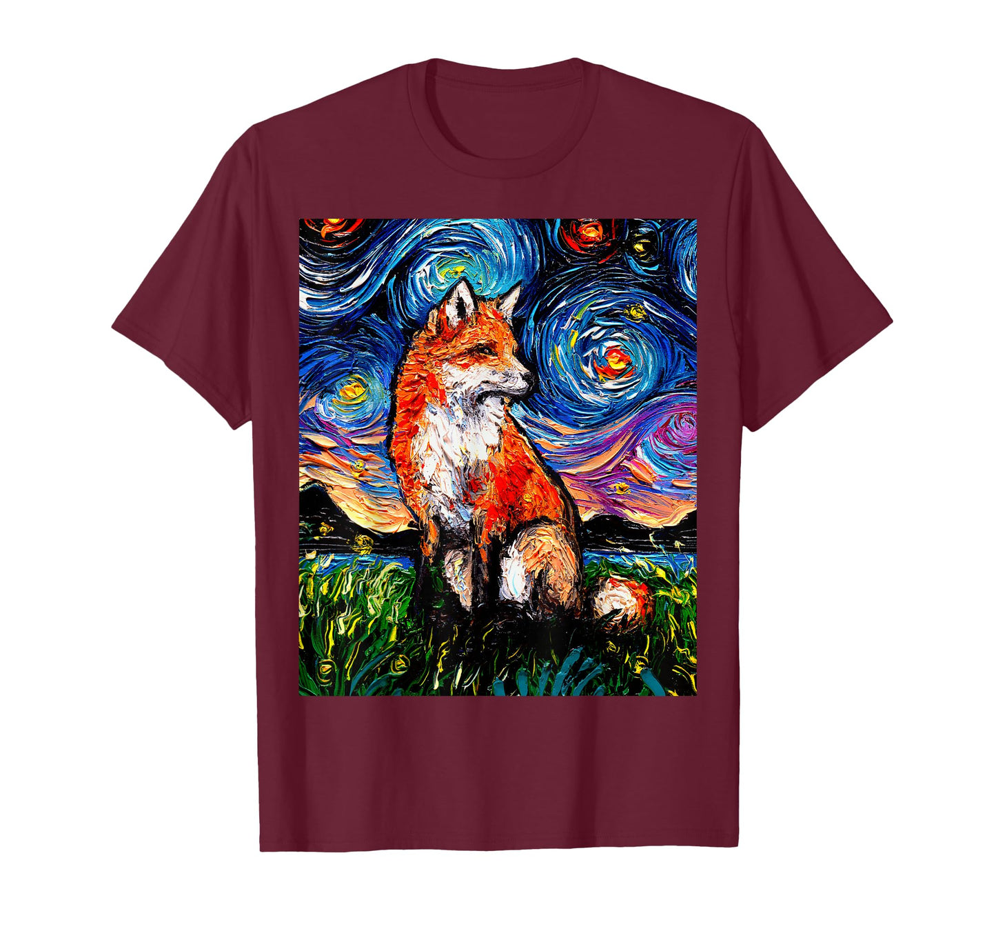 Red Fox Starry Night Animal Art by Aja T-Shirt