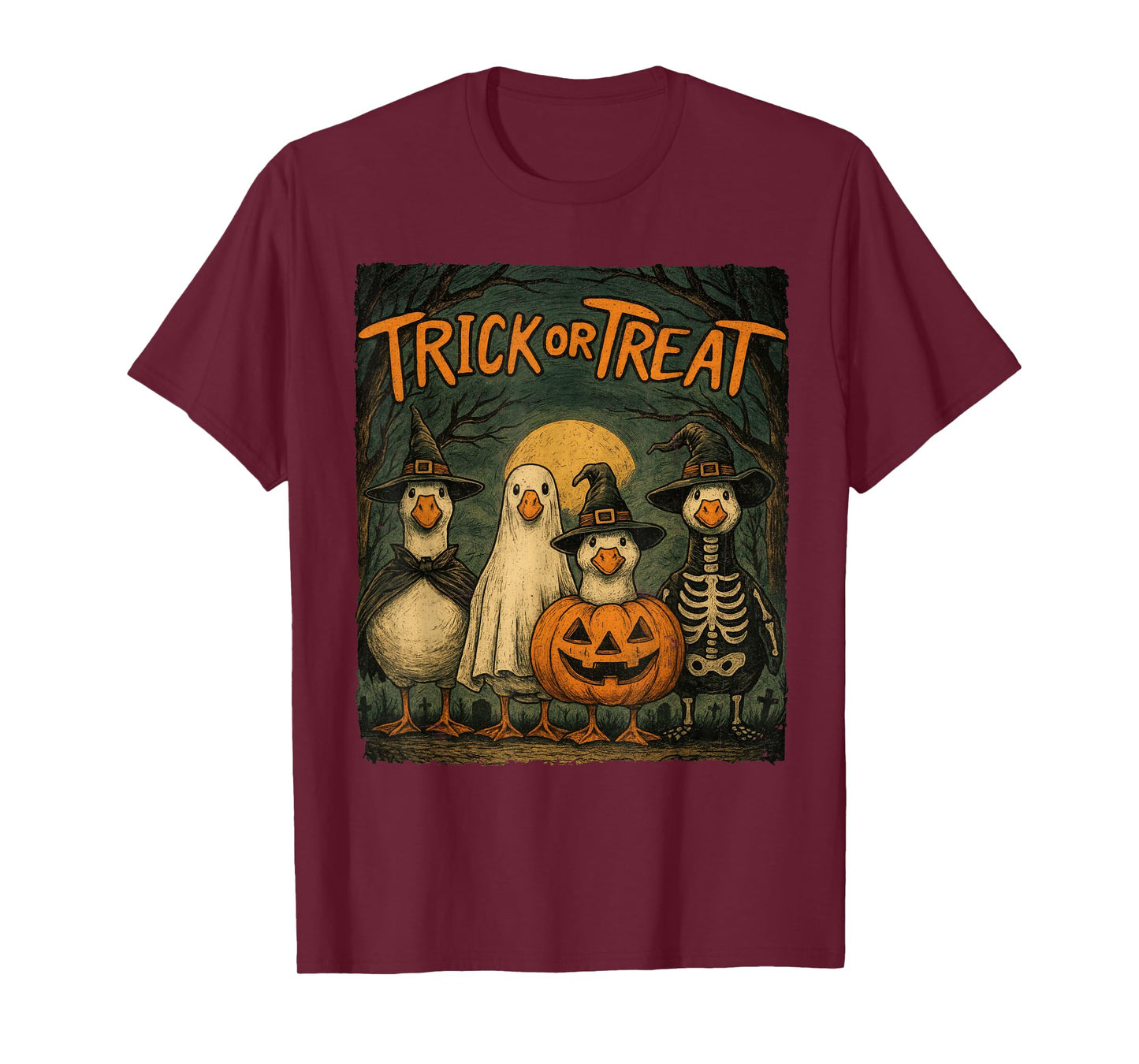 Trick or Treat Funny Halloween Goose Pumpkin Ghost Skeleton T-Shirt
