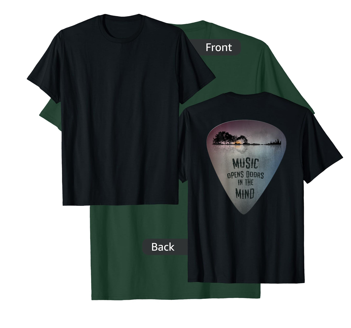 ON BACK Distressed Guitar Pick Lake Reflections Music Guitar T-Shirt