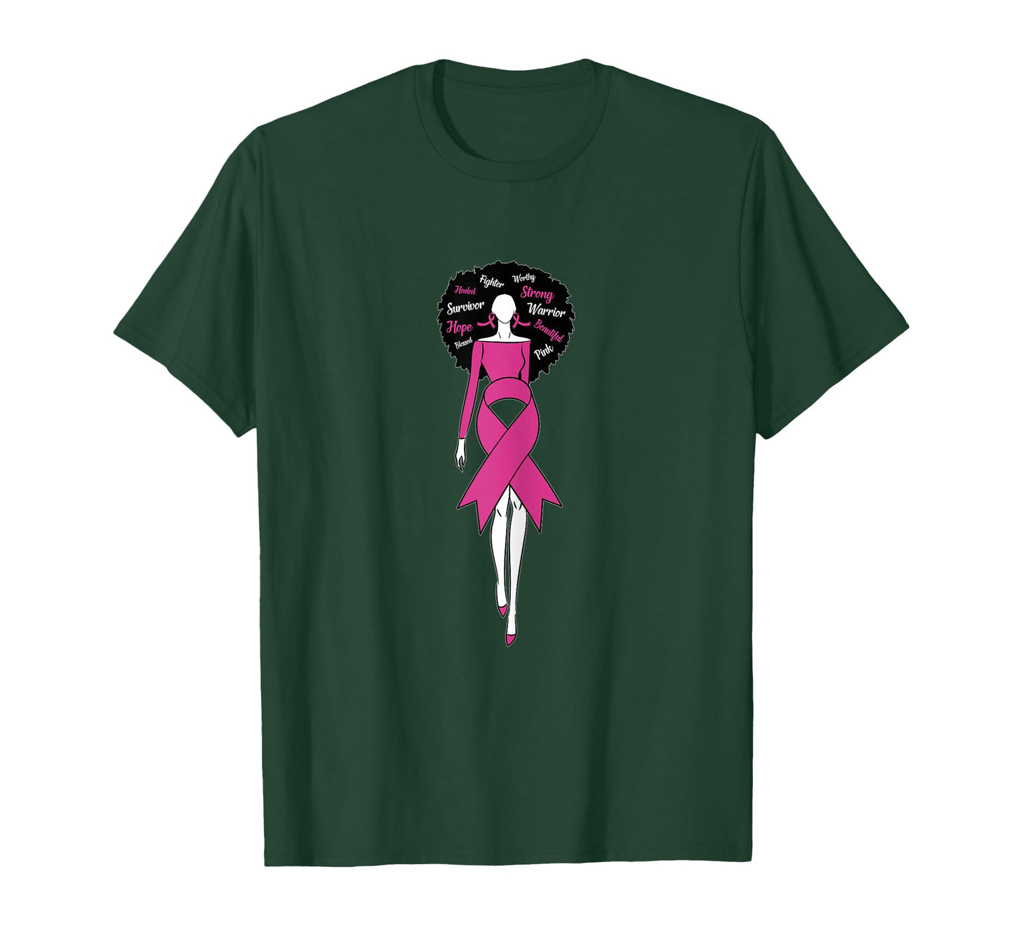 Womens Afro Black Woman Pink Ribbon Dress Breast Cancer Awareness T-Shirt