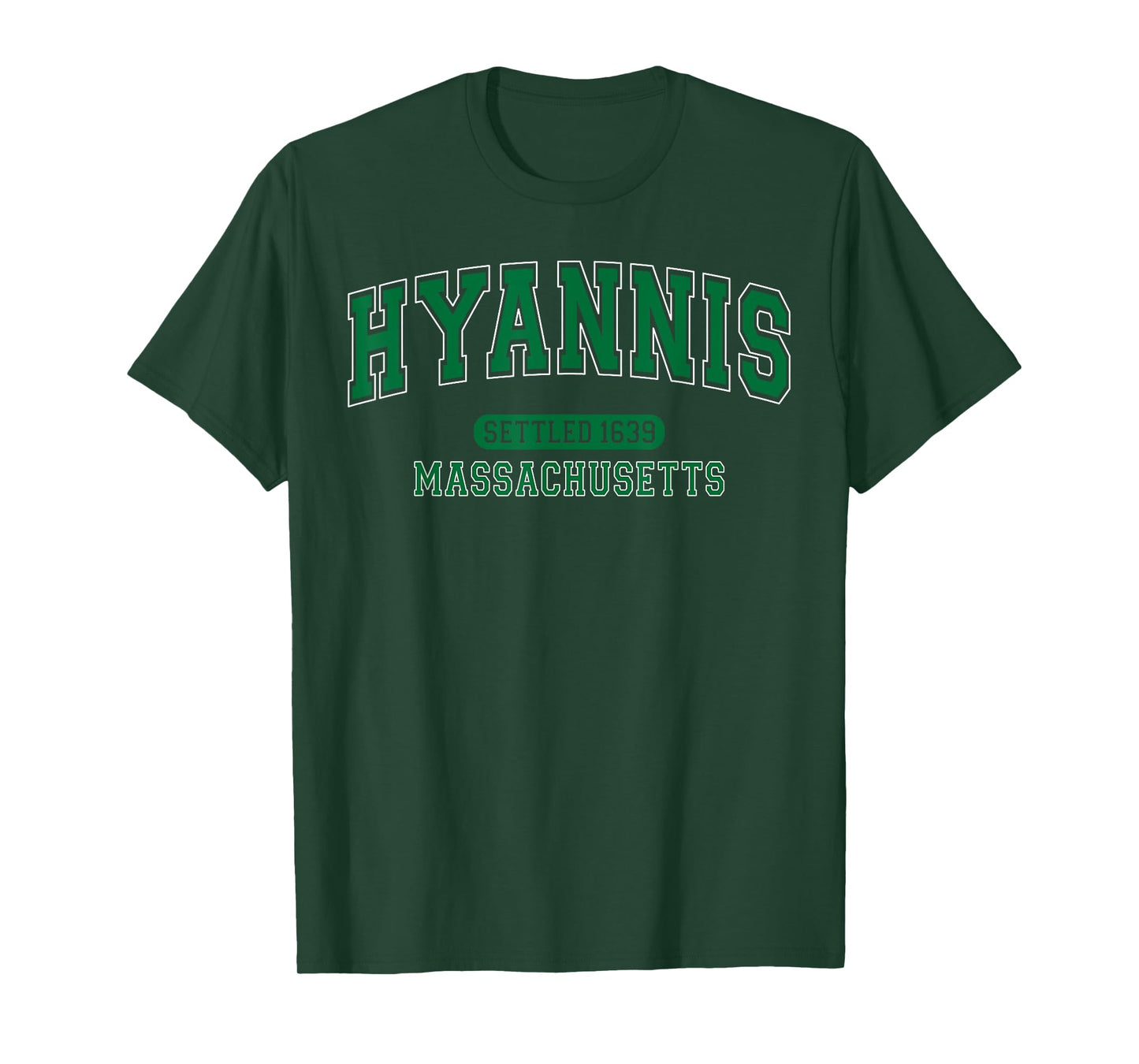 Hyannis Massachusetts Settled 1639 Arched Varsity Green T-Shirt