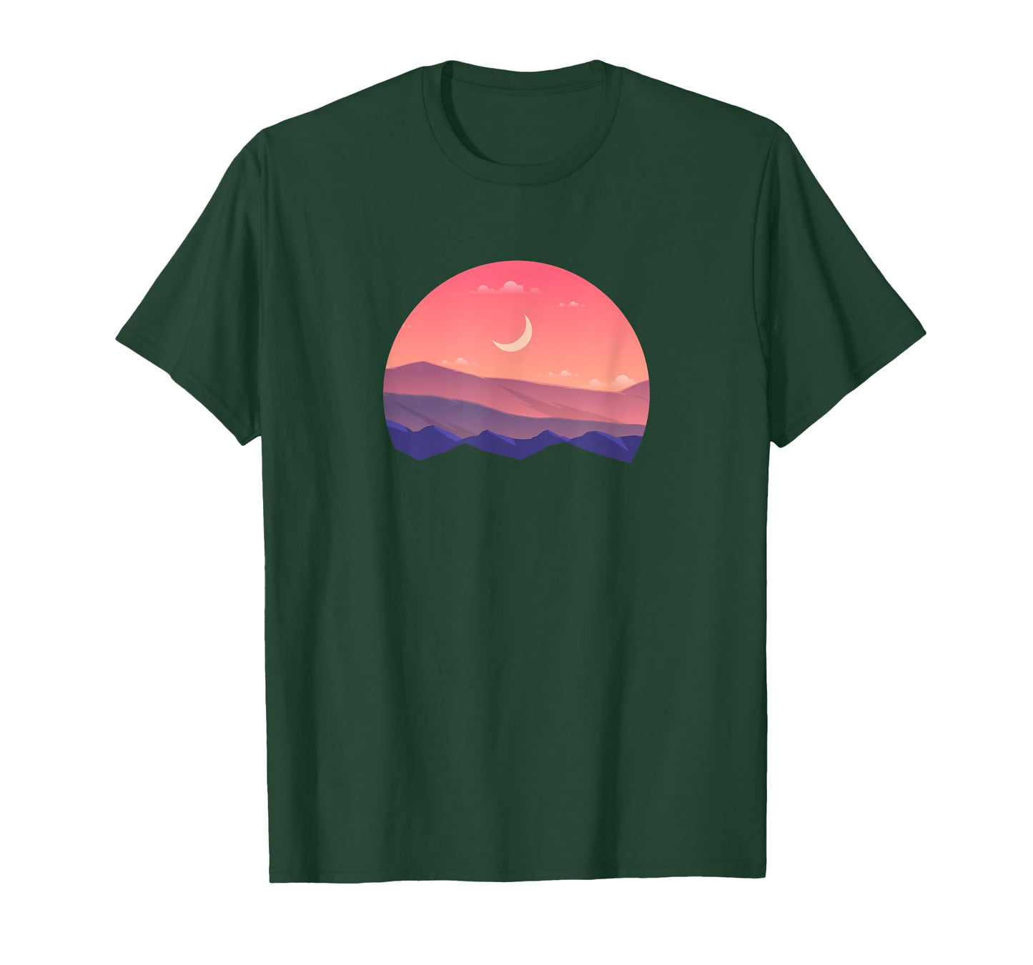 Pink Mountain and Moon Sunset Scene Silhouette T-Shirt