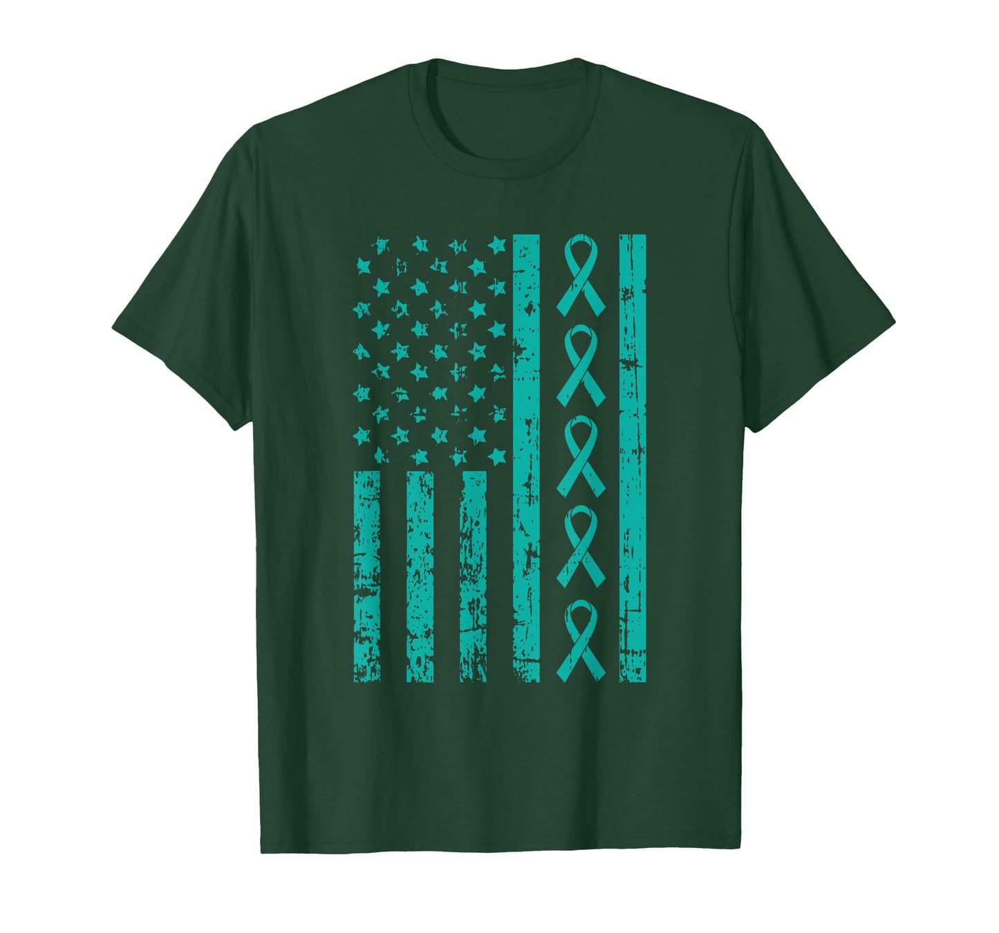 American Flag Teal Ribbon Cool Ovarian Cancer Awareness Gift T-Shirt