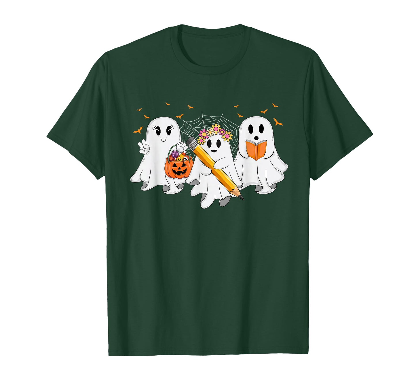Trick Or Teach Floral Ghost Halloween Women Girls Teacher T-Shirt