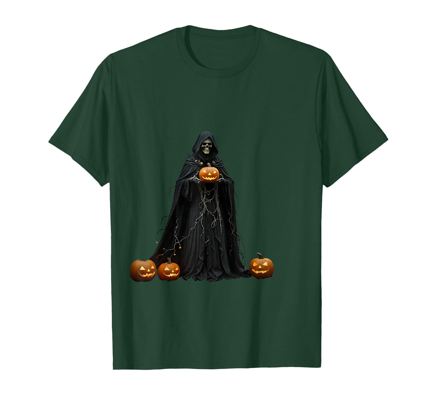 Halloween Skeleton Wearing Black Hooded Cloak Cut Out T-Shirt