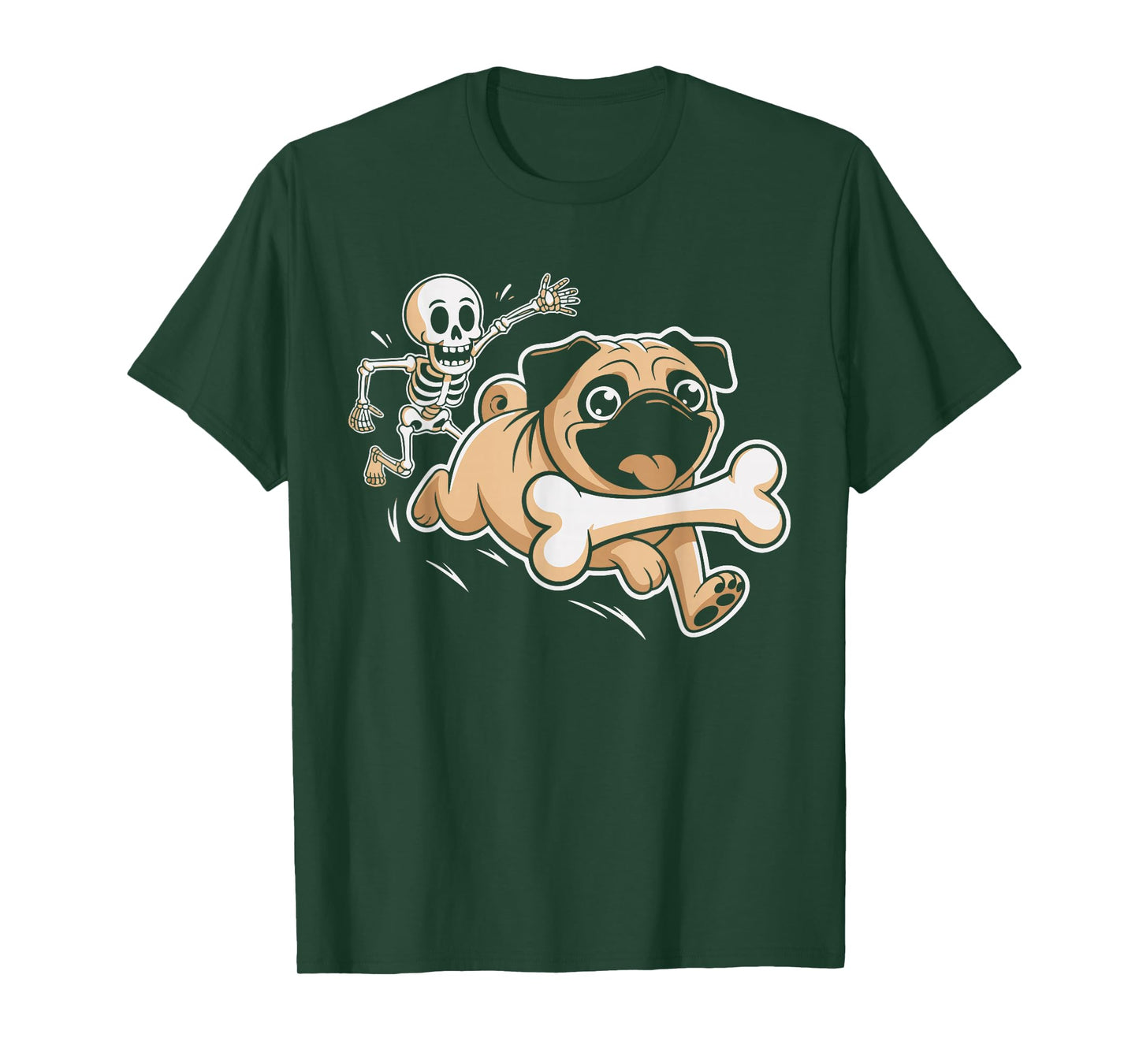 Funny Pug Dog Steals Bone from Skeleton Spooky Halloween T-Shirt