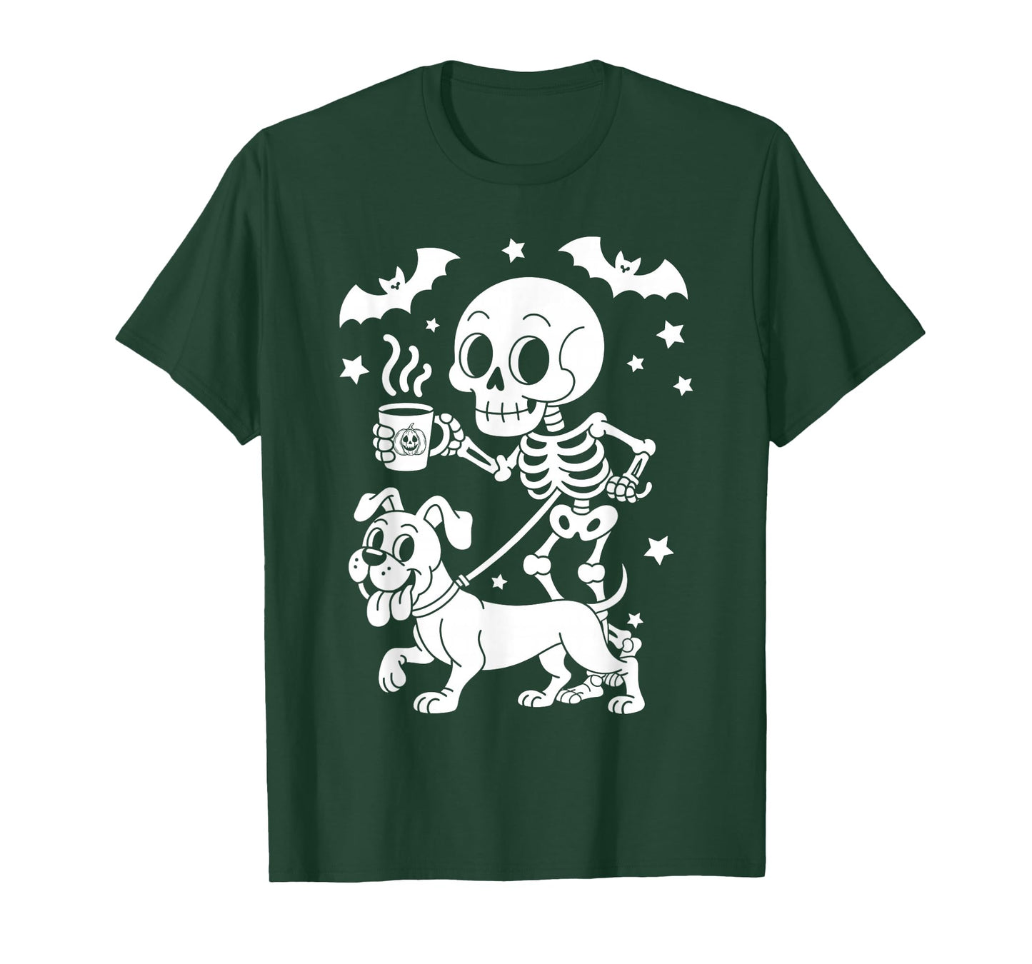 Skeleton Walking Boxer Dog Coffee Lovers Funny Halloween T-Shirt