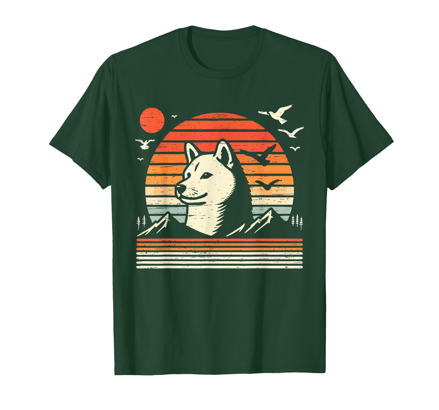 Vintage Shiba Inu Sunset Mountains Birds T-Shirt