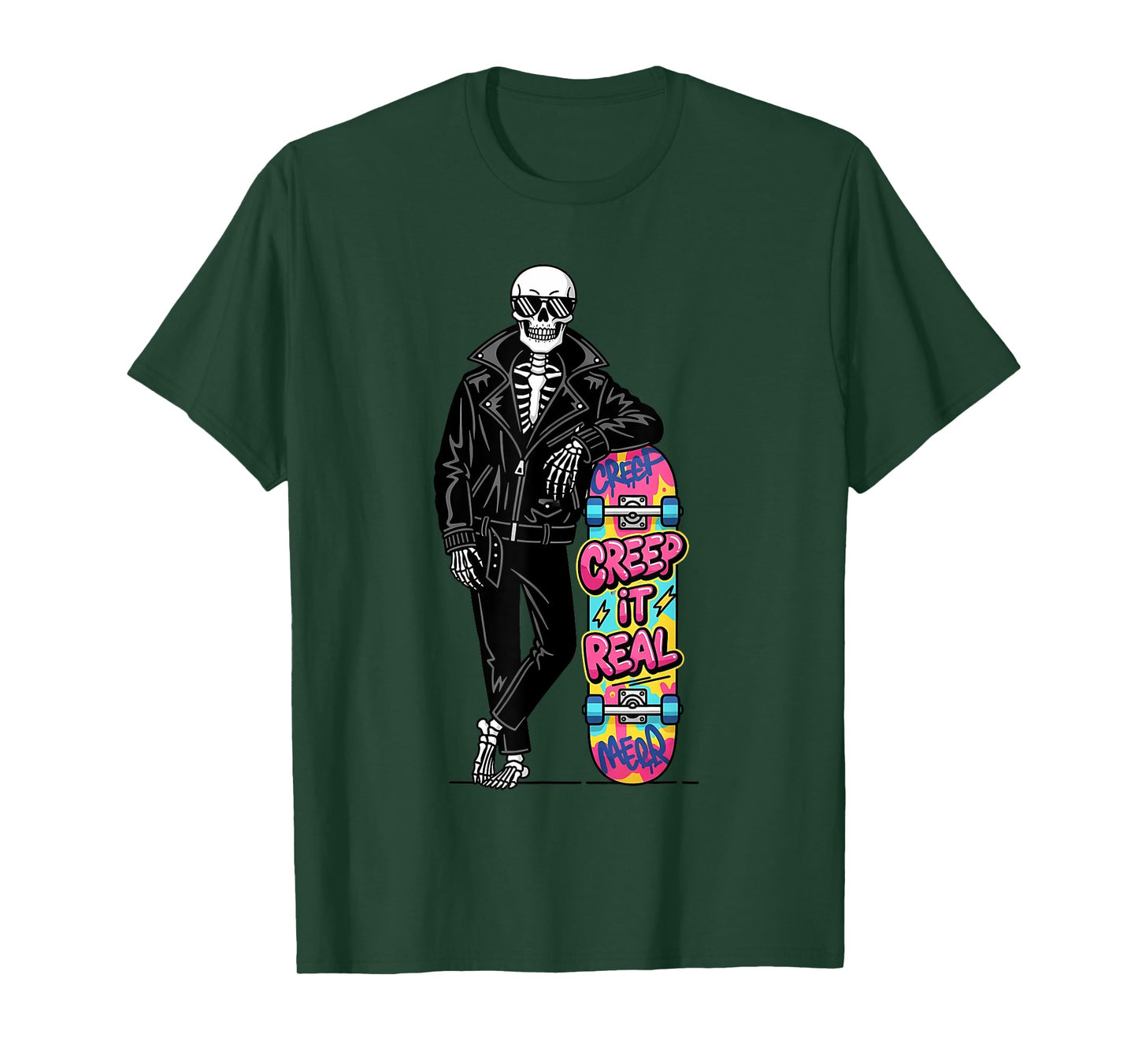 Creep It Real Spooky Season Skeleton Skateboarder Halloween T-Shirt