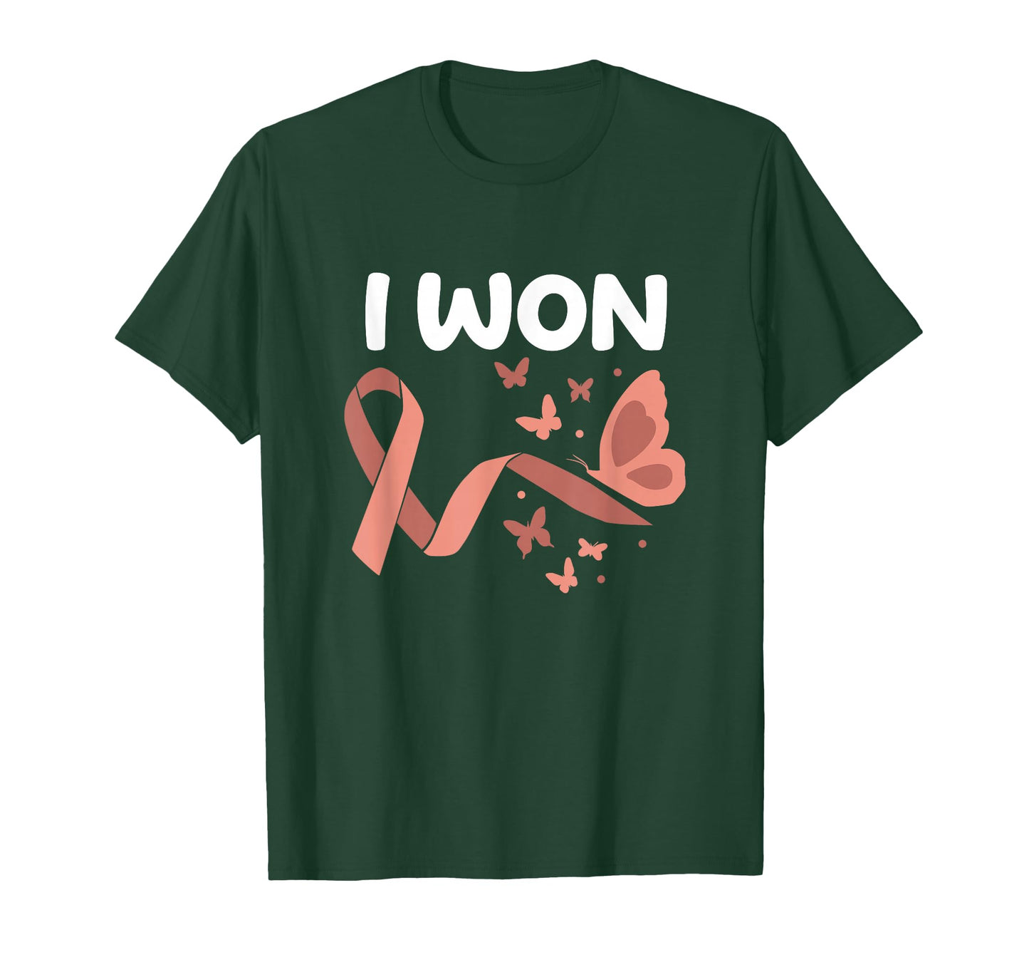Peach Ribbon For Endometrial Cancer Awareness I Won! Endometrial Cancer Survivor. Butterflies Version Women's Black Cotton Polyester Blend Classic Fit Short Sleeve T-Shirt - Small