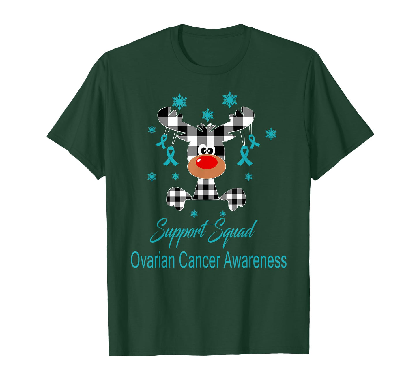 Ovarian Cancer Awareness Christmas Reindeer Teal Ribbon T-Shirt