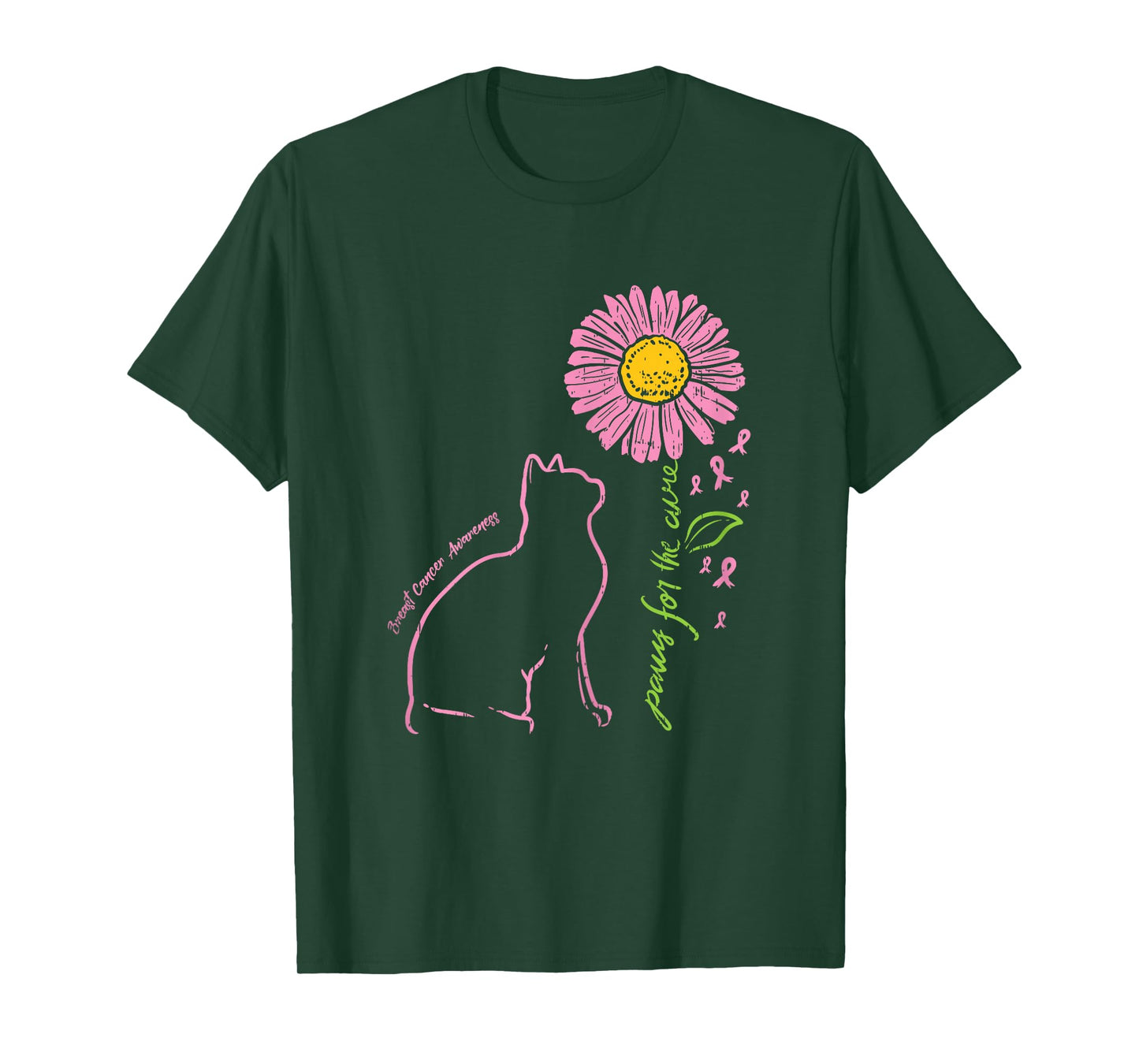 Cat Flower Paw For Cure Breast Cancer Awareness Support Gift T-Shirt