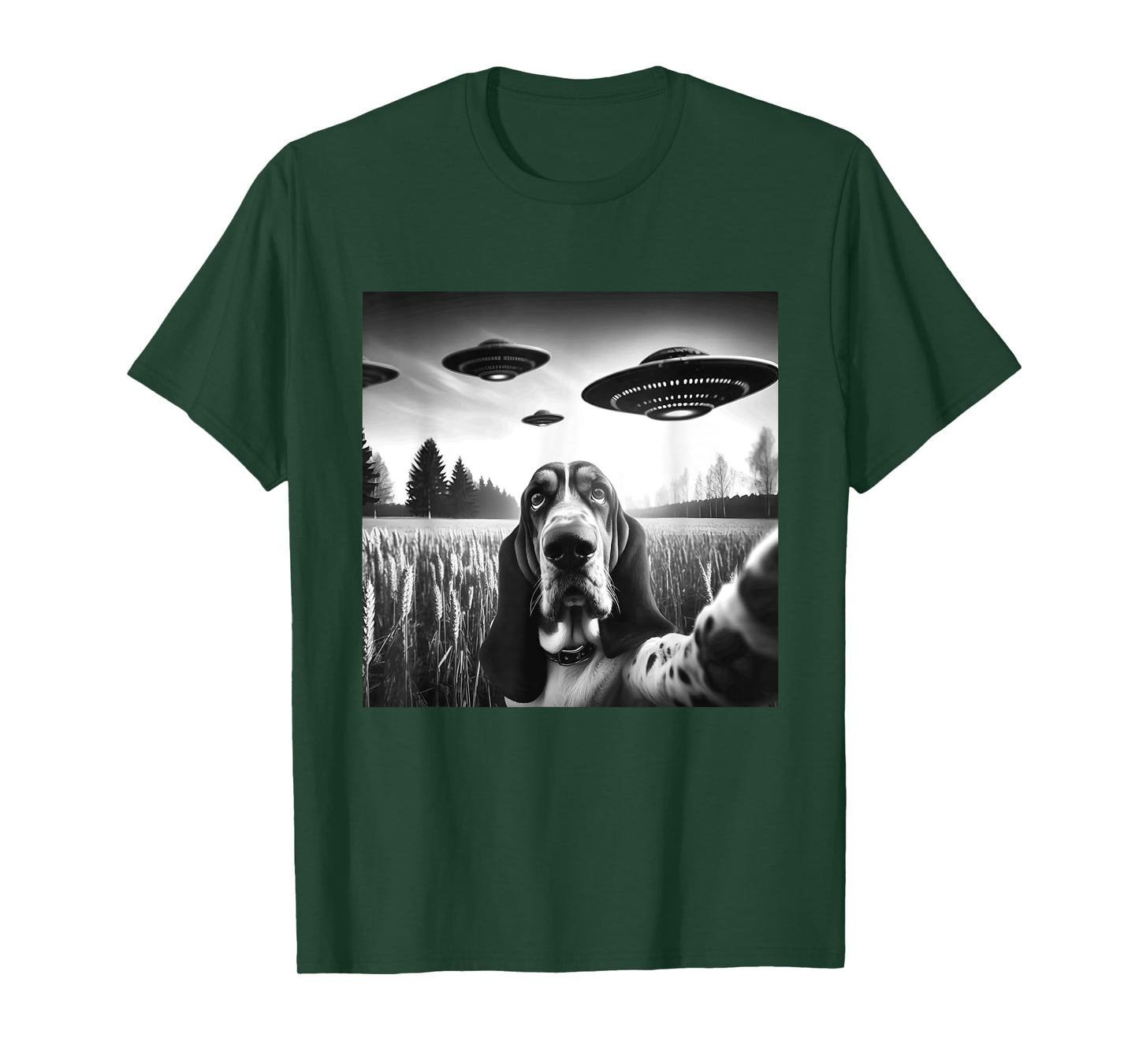 Basset Hound Funny Dog Graphic Selfie with UFOs Weird Aliens T-Shirt