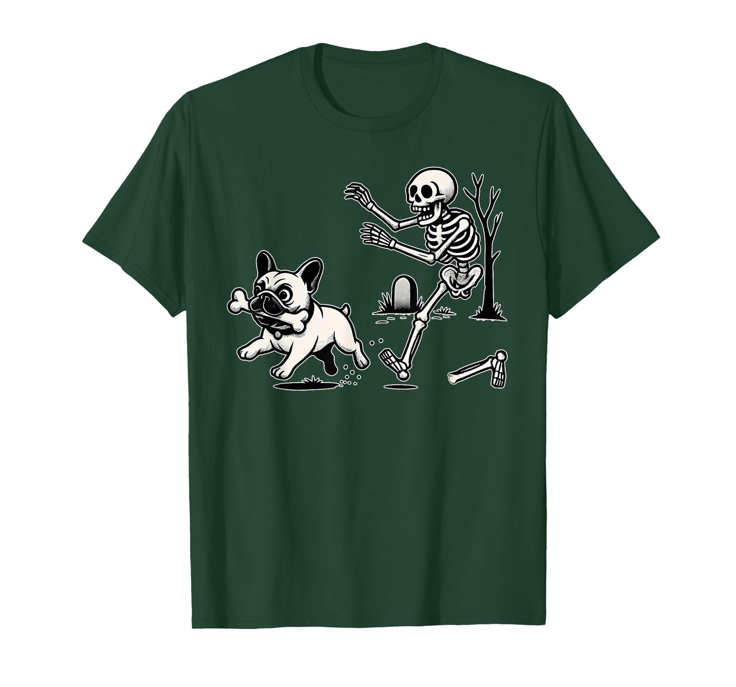 Funny Halloween French Bulldog Steals Bone from Skeleton T-Shirt