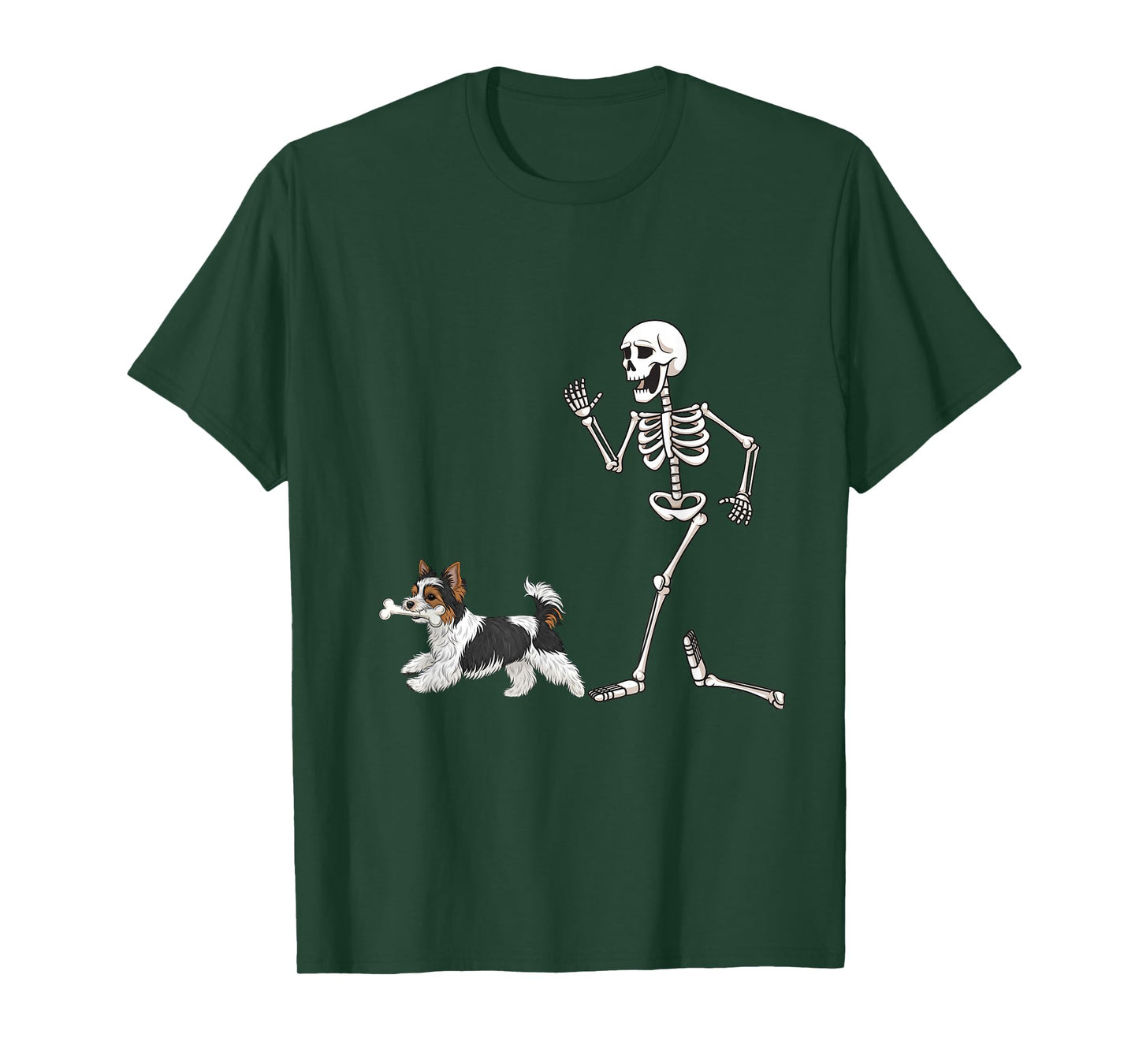 Funny Halloween Biewer Terrier and Skeleton T-Shirt