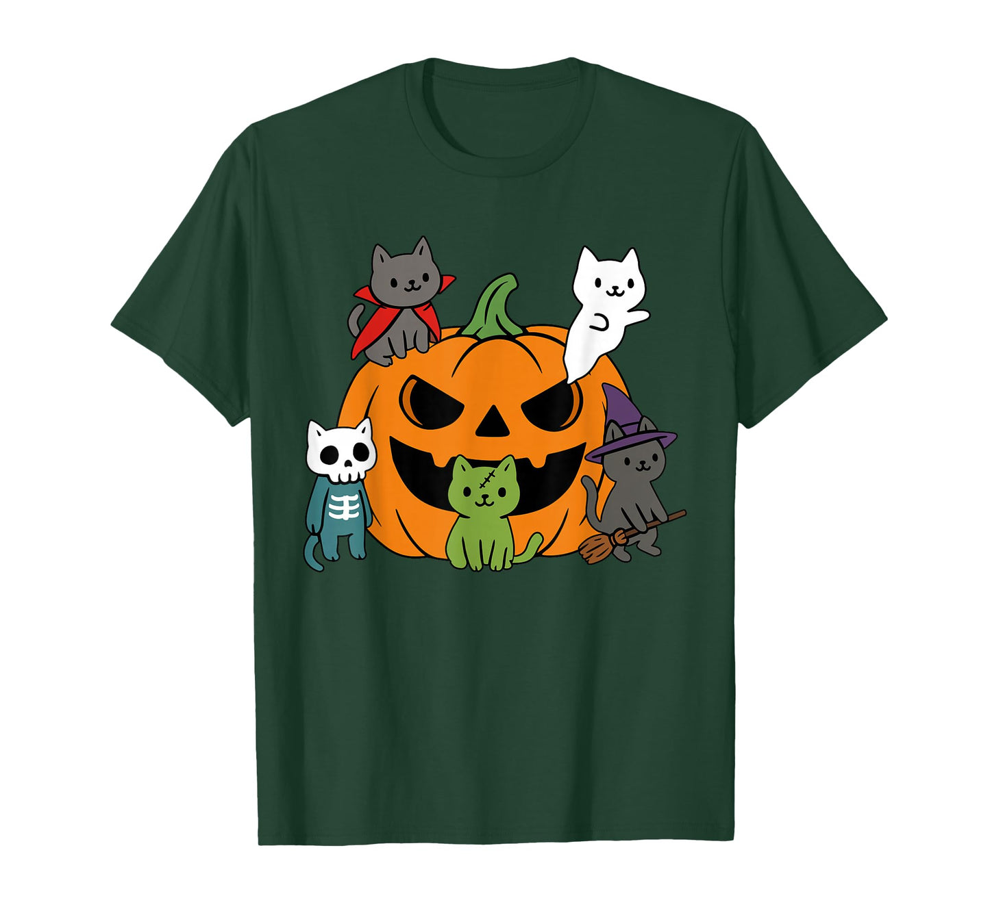 Vampire Ghost Zombie Witch Cats in Pumpkin Cute Halloween T-Shirt