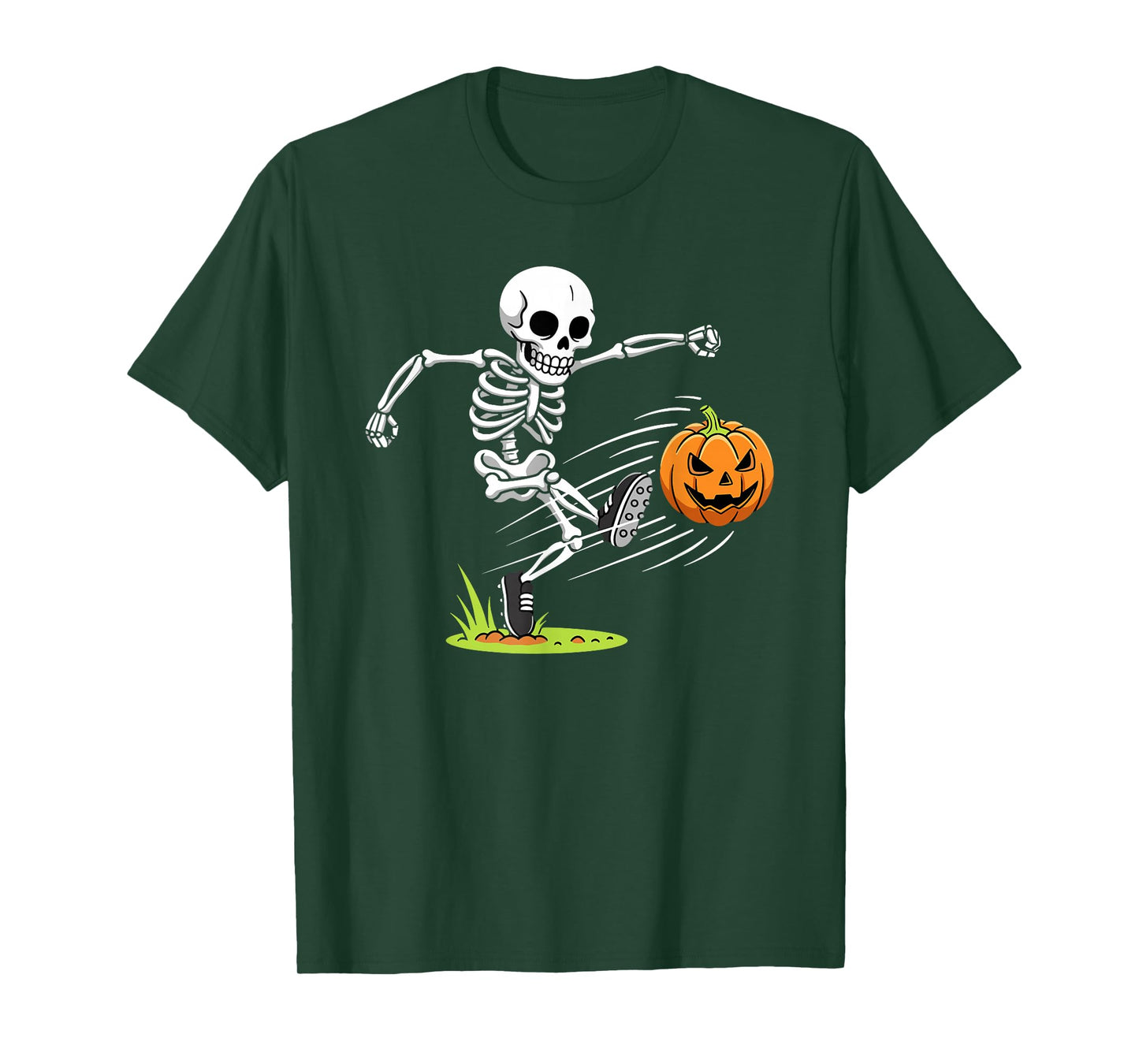 Skeleton Kicking Pumpkin Halloween Soccer T-Shirt
