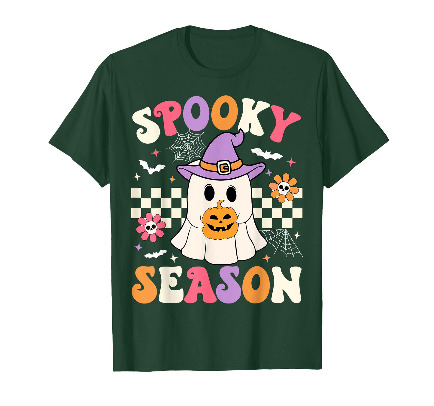 Groovy Spooky Season Retro Halloween Ghost Holding Pumpkin T-Shirt