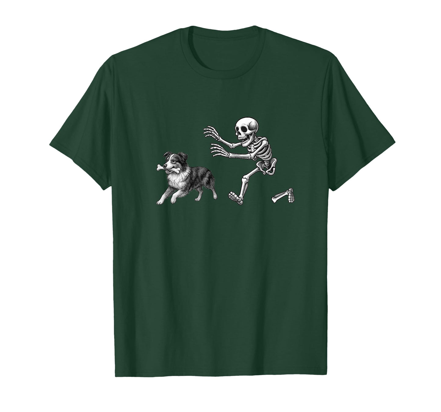 Funny Skeleton Chasing Australian Shepherd Dog Halloween T-Shirt