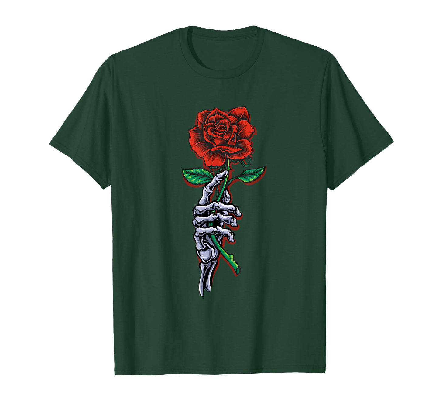 Skeleton Hand Holding Stem Red Rose Flower Graphic Design T-Shirt