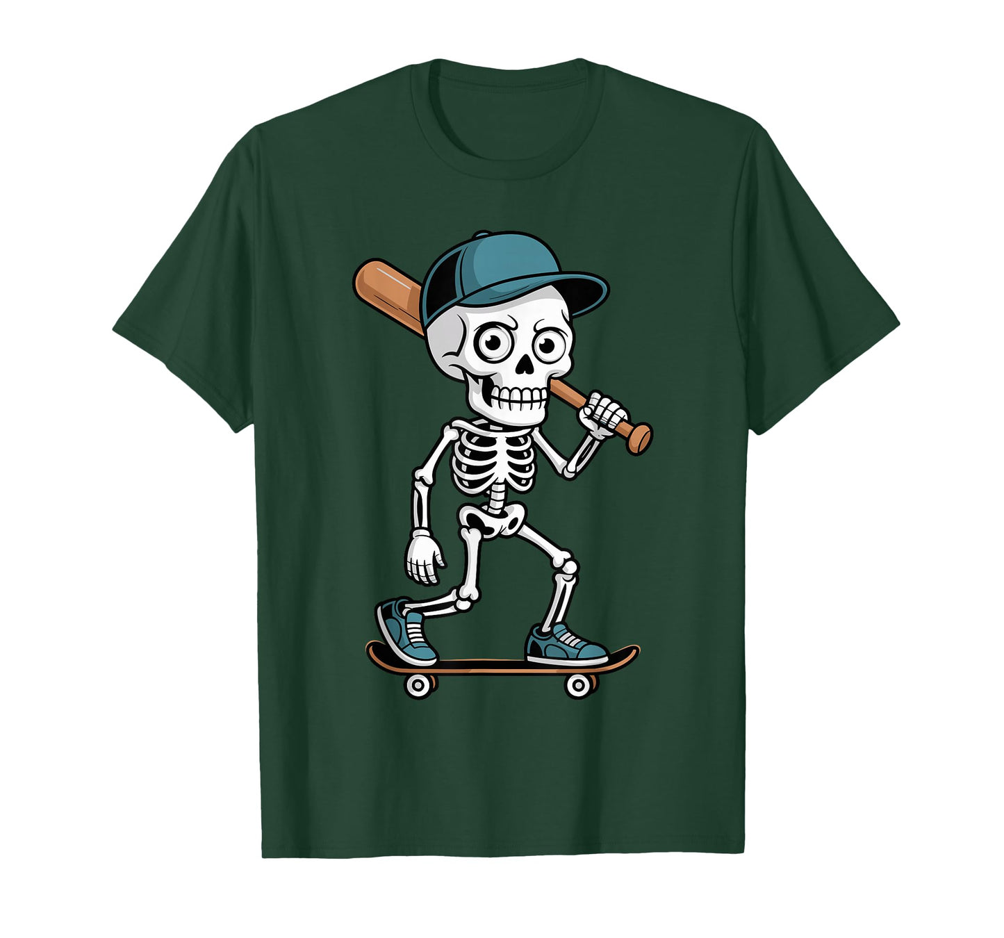 Halloween Skeleton Skater Baseball Bat Comic Artwork T-Shirt