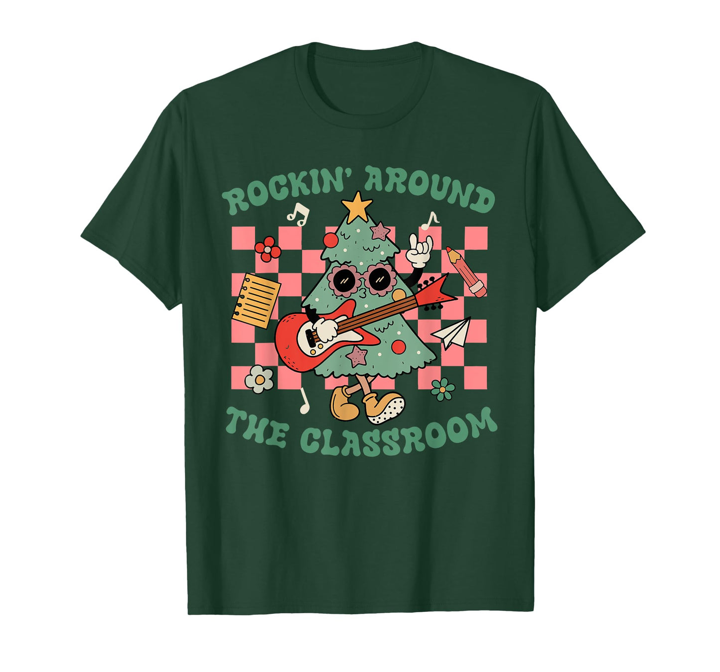 Retro Groovy Teacher Christmas Rockin' Around The Classroom T-Shirt