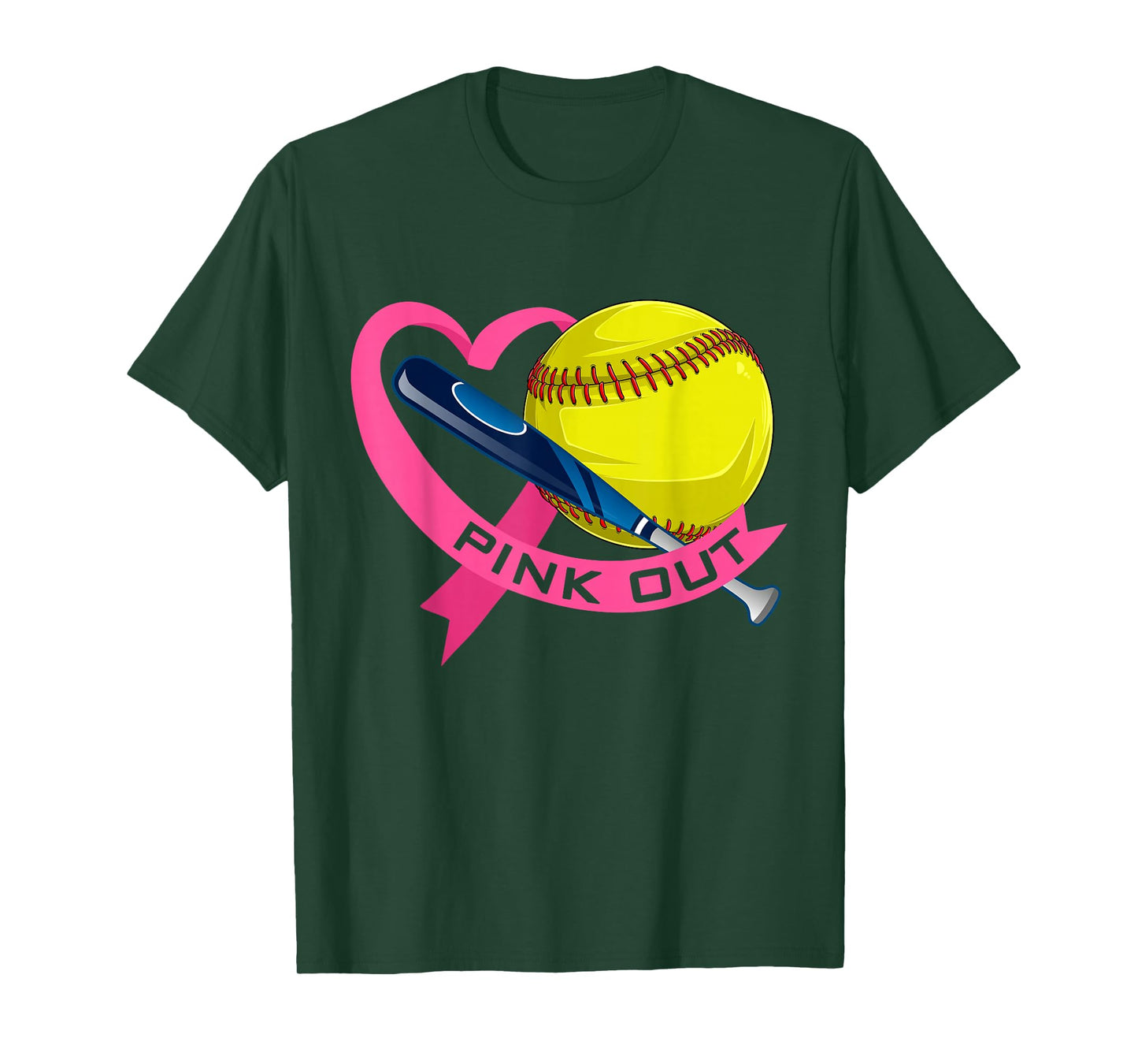 Pink Out Breast Cancer Pink Ribbon Heart With Softball Ball T-Shirt