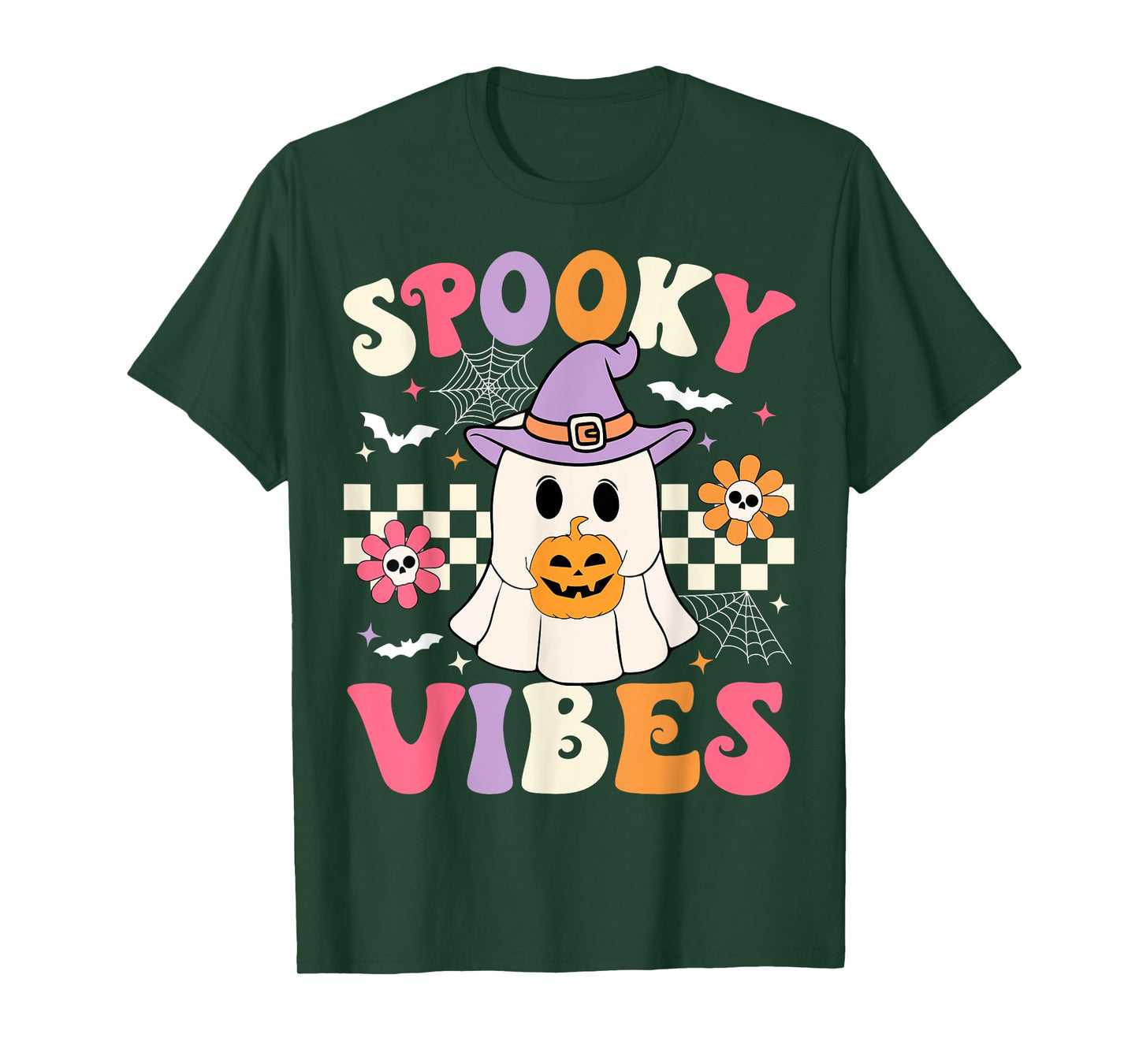 Groovy Spooky Vibes Retro Halloween Ghost Holding Pumpkin T-Shirt