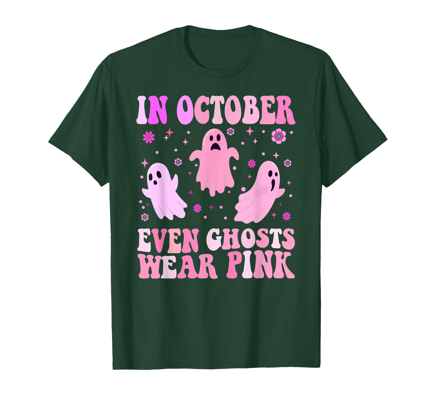 Breast Cancer October Even Ghost Wear Pink Groovy Halloween T-Shirt