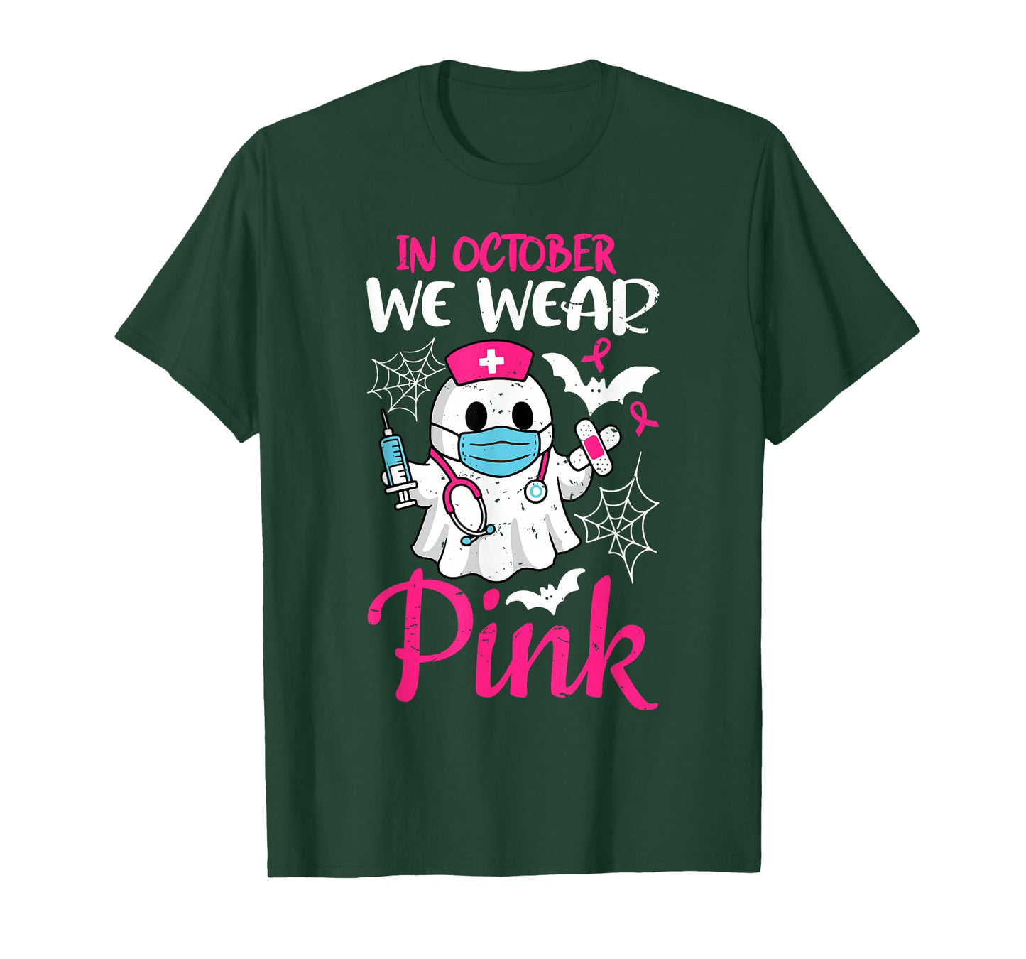 Ghost Nurse Halloween Nursing Breast Cancer Pink Ribbon T-Shirt