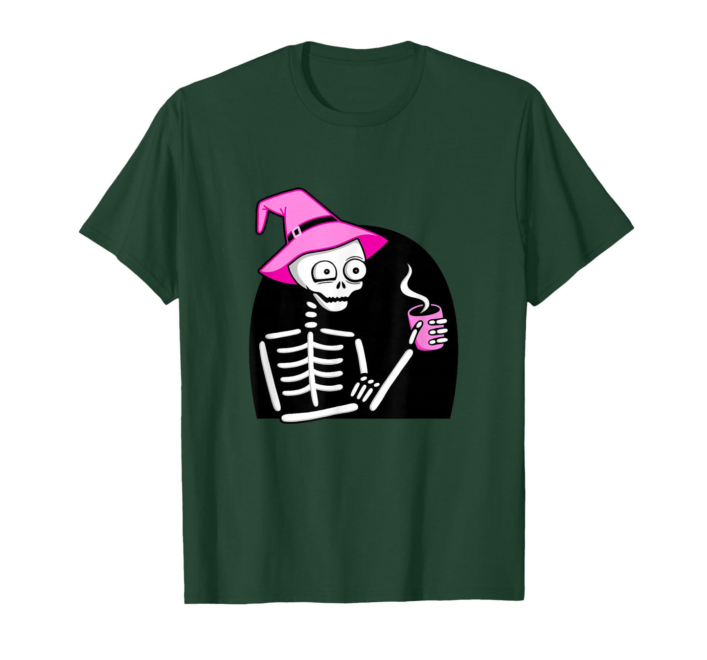 Skeleton Drinking Coffee Pink Witch Hat Halloween Funny T-Shirt