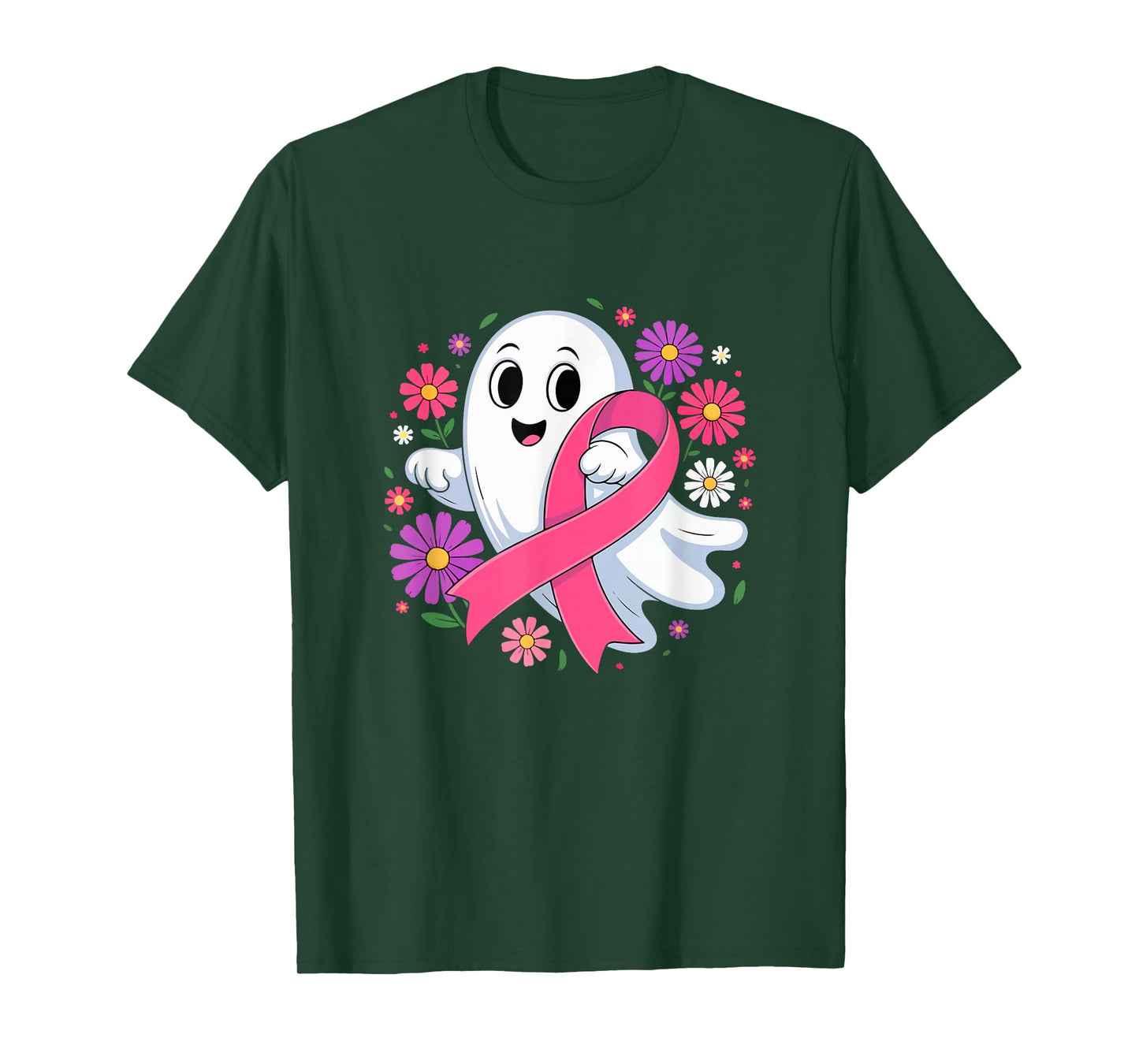 Floral Boo Ghost Halloween Breast Cancer Awareness Ribbon T-Shirt