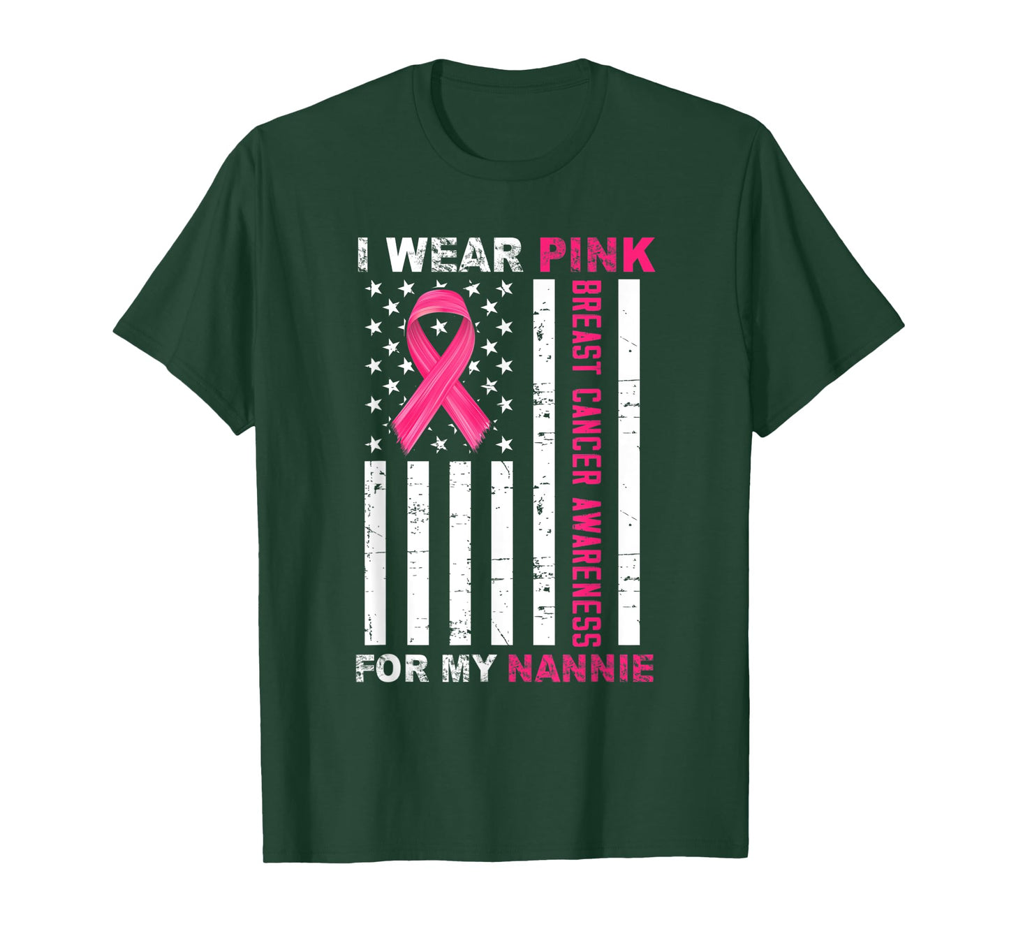 I Wear Pink For My Nannie Pink Ribbon Breast Cancer Us Flag T-Shirt