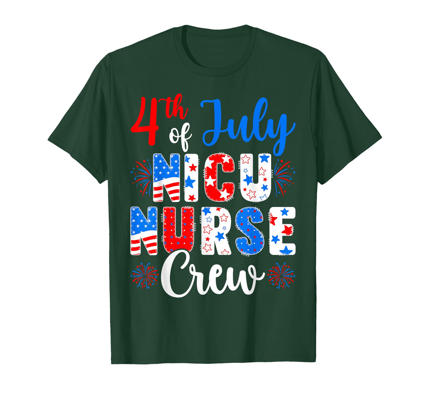 4th of July USA Flag Fireworks Patriotic NICU Nurse Crew T-Shirt