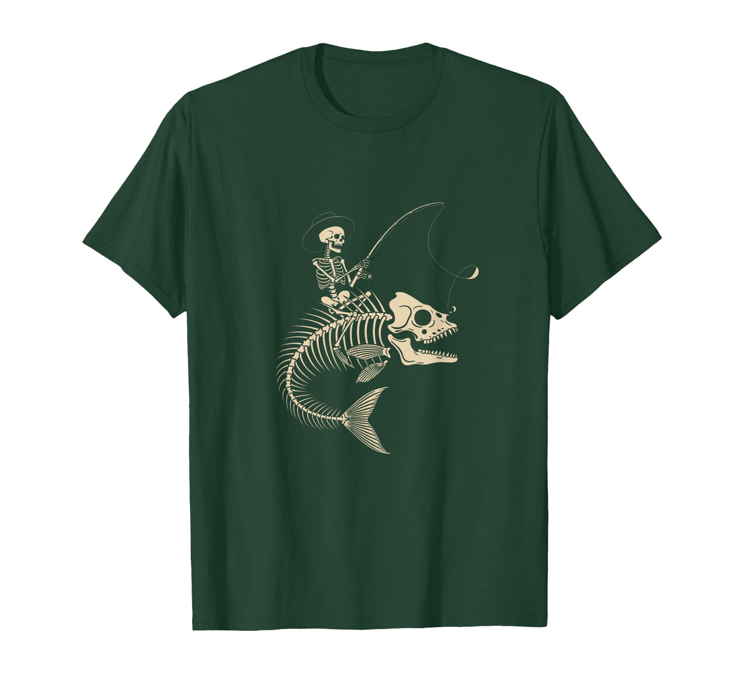 Skeleton Fisherman Riding Giant Fish Bones Halloween T-Shirt