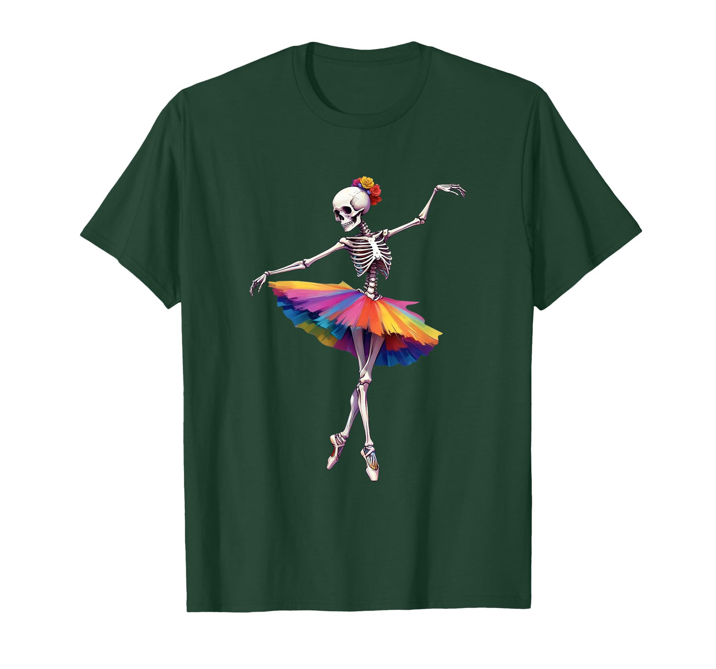 Girls Women Halloween Dancing Skeleton Rainbow Ballerina T-Shirt