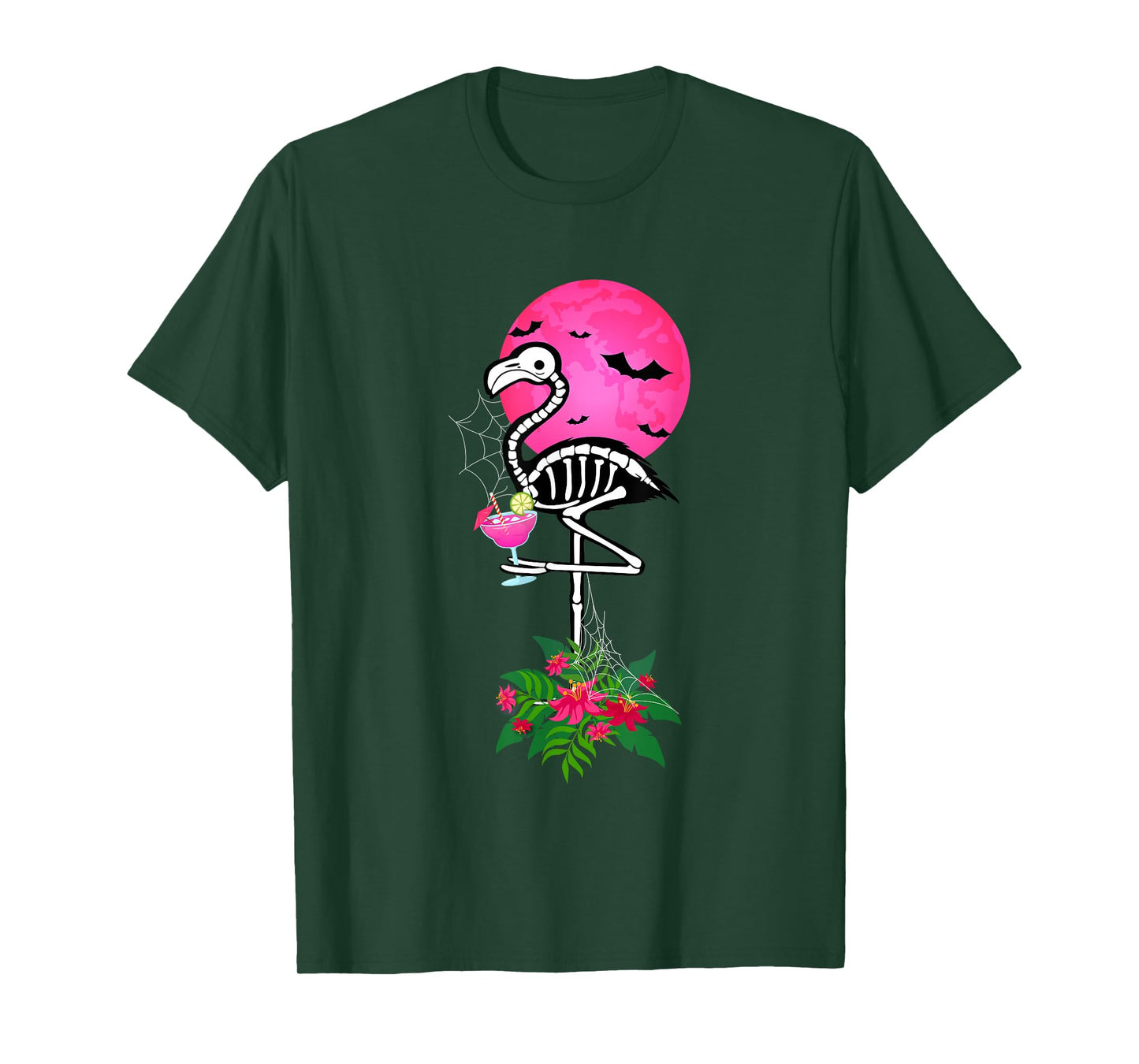 Kids Adults Thirsty Skeleton Flamingo Flower Funny Halloween T-Shirt