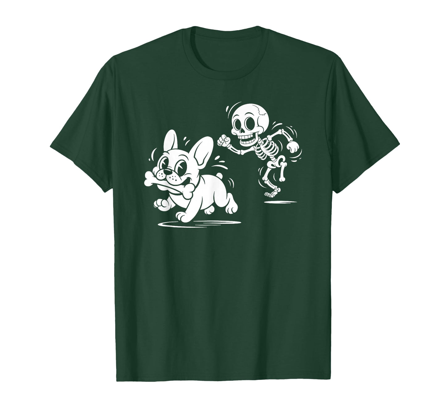 Skeleton Chasing French Bulldog Funny Halloween Dog T-Shirt