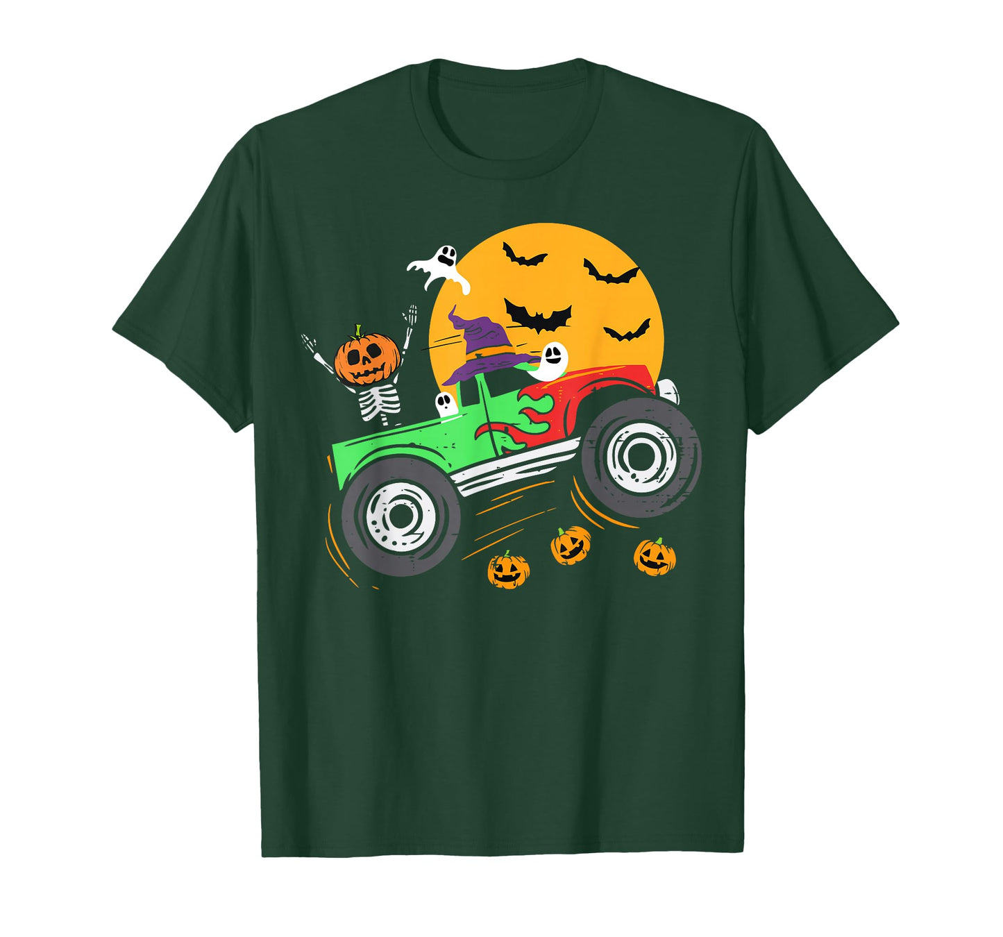 Spooky Skeleton Riding Monster Truck Halloween Boys Girls T-Shirt
