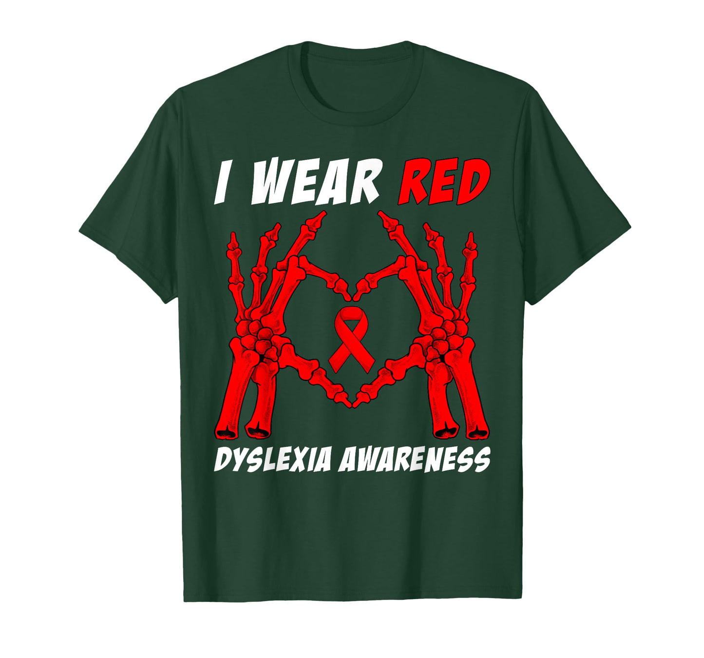 I Wear Red Dyslexia Awareness Skeleton Hand Heart Halloween T-Shirt