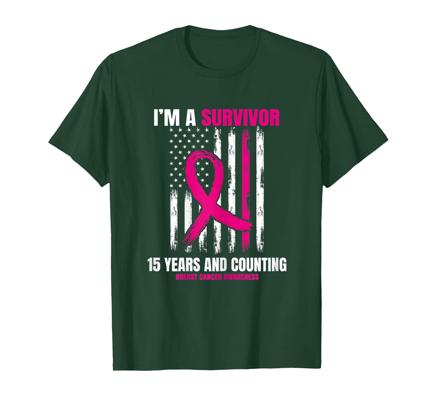 Womens 15 Year Survivor Gifts Pink Breast Cancer Awareness USA Flag T-Shirt