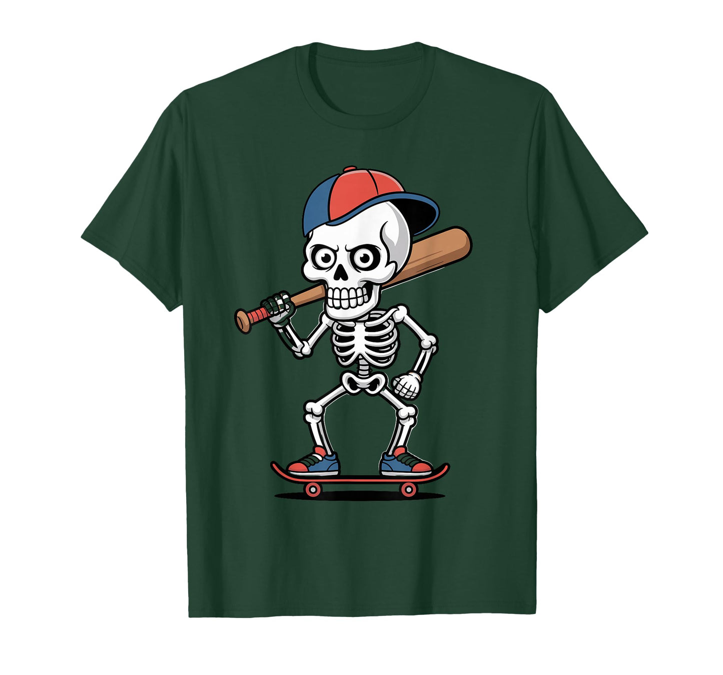 Halloween Skeleton Skater Baseball Bat Graphic T-Shirt