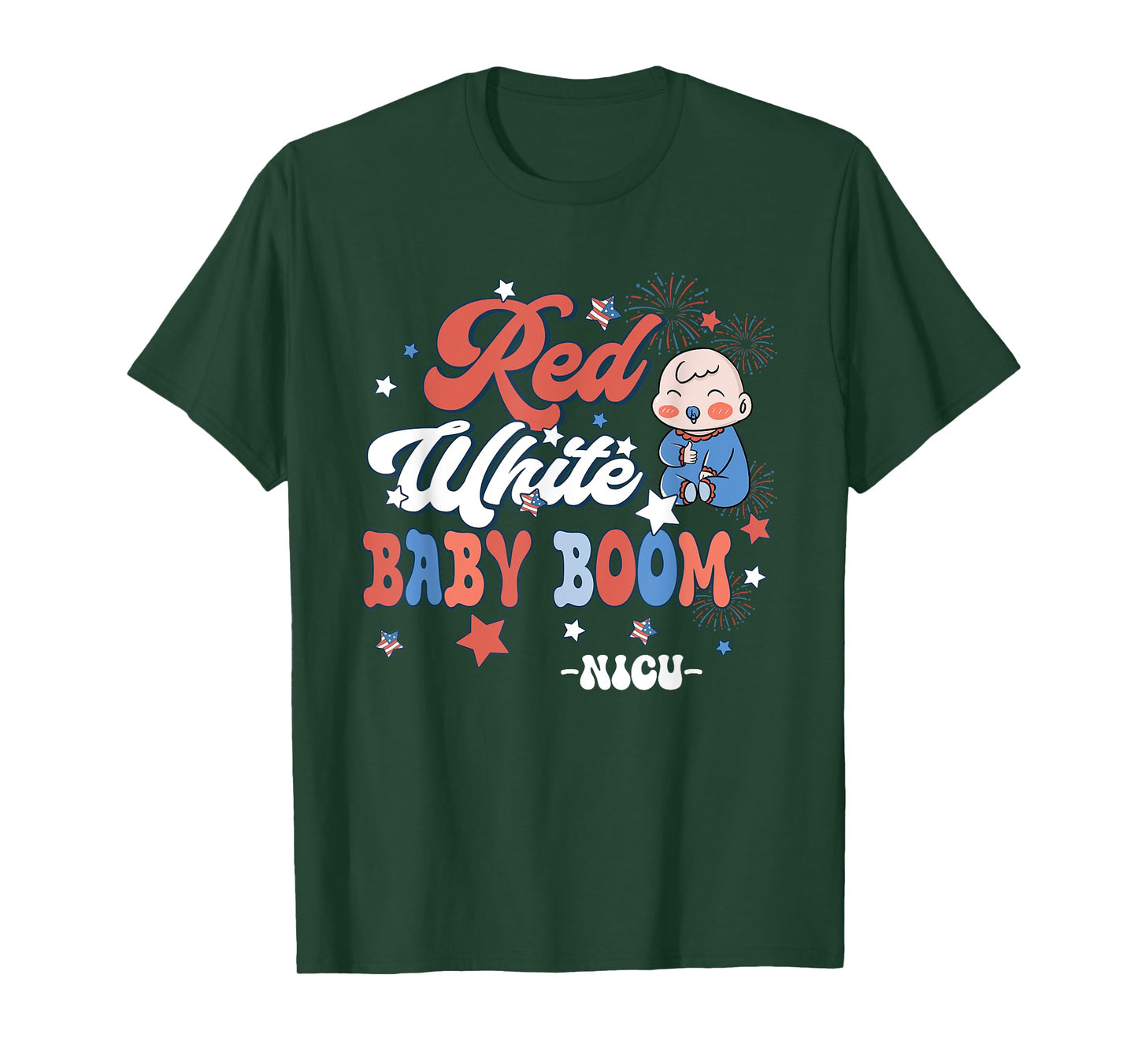 Retro Groovy Red White & Baby Boom NICU Nurse 4th Of July T-Shirt