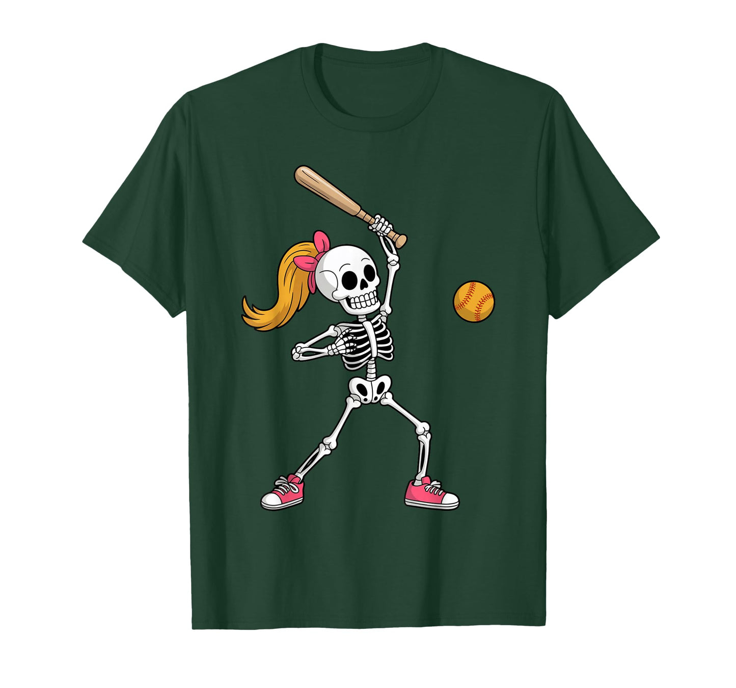 Skeleton Softball Halloween Costume Funny Women Girls Kids T-Shirt