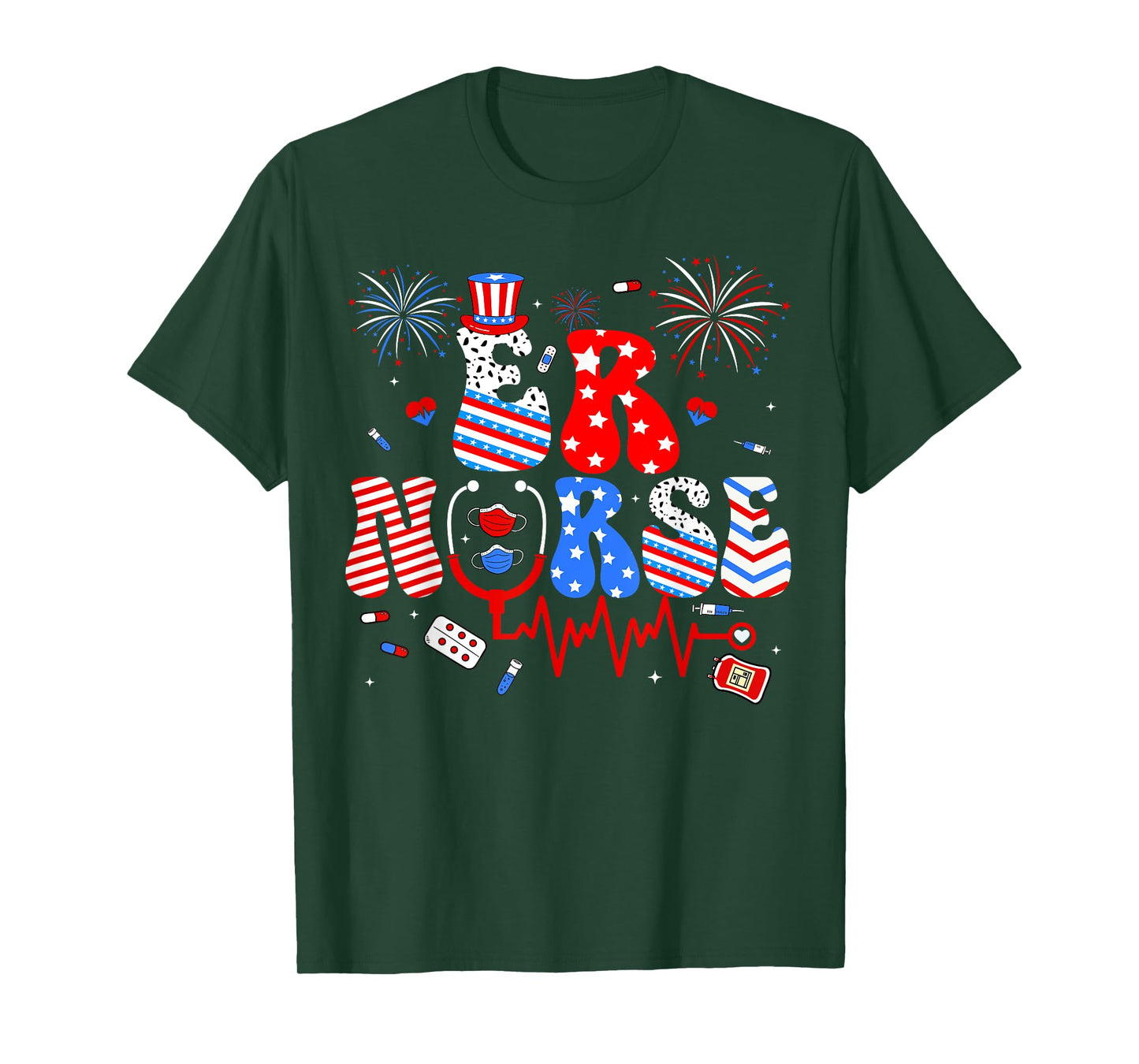 Patriotic ER Nurse Happy 4th Of July Women Girls Scrub Top T-Shirt