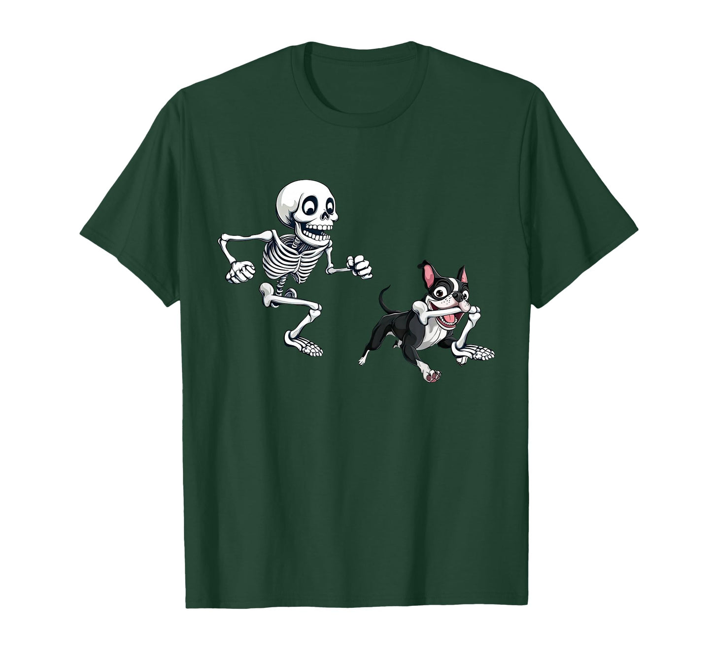 Skeleton Chasing Dog Boston Terrier Halloween Pet Lover T-Shirt