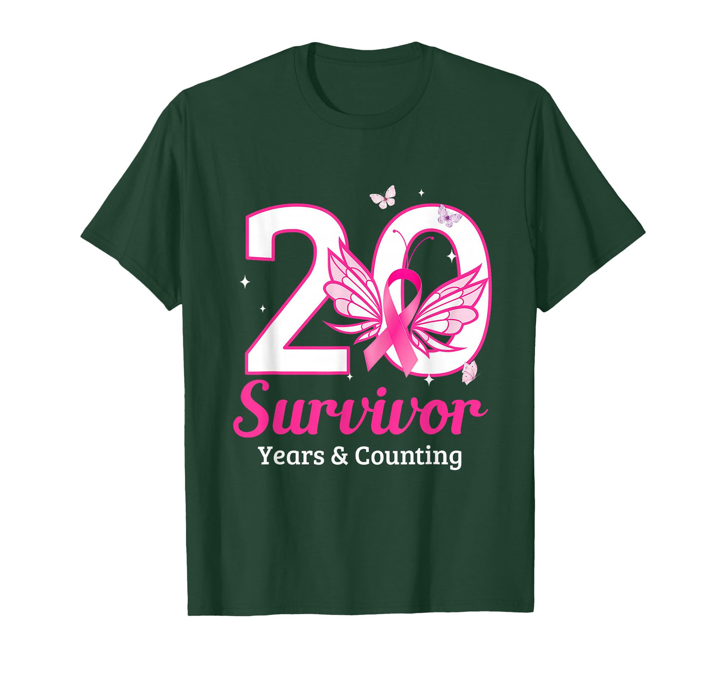 Vintage 20 Years Breast Cancer Survivor Ribbon Buffterfly T-Shirt