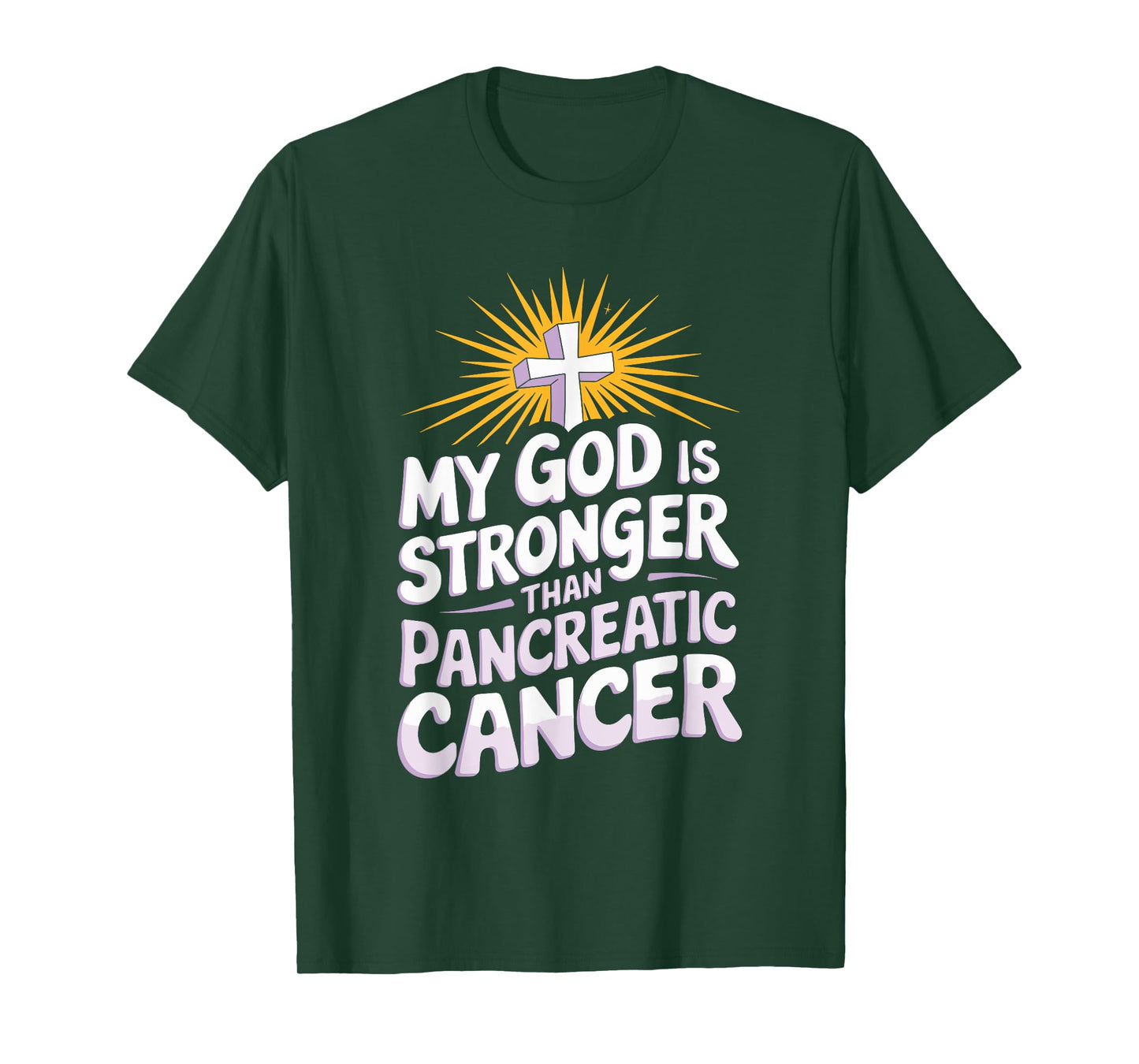 My God Is Stronger Than Pancreatic Cancer Purple Ribbon T-Shirt