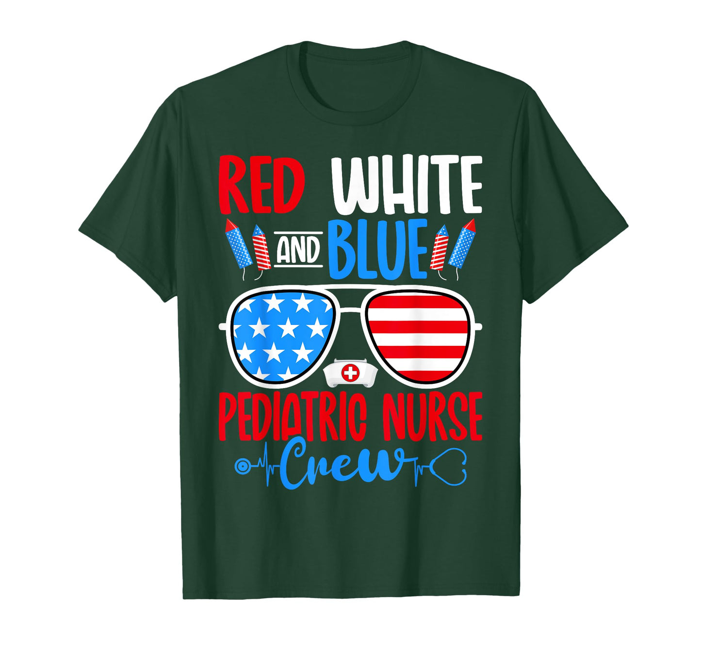 Red White Blue Pediatric Nurse Crew USA Flag 4th of July T-Shirt